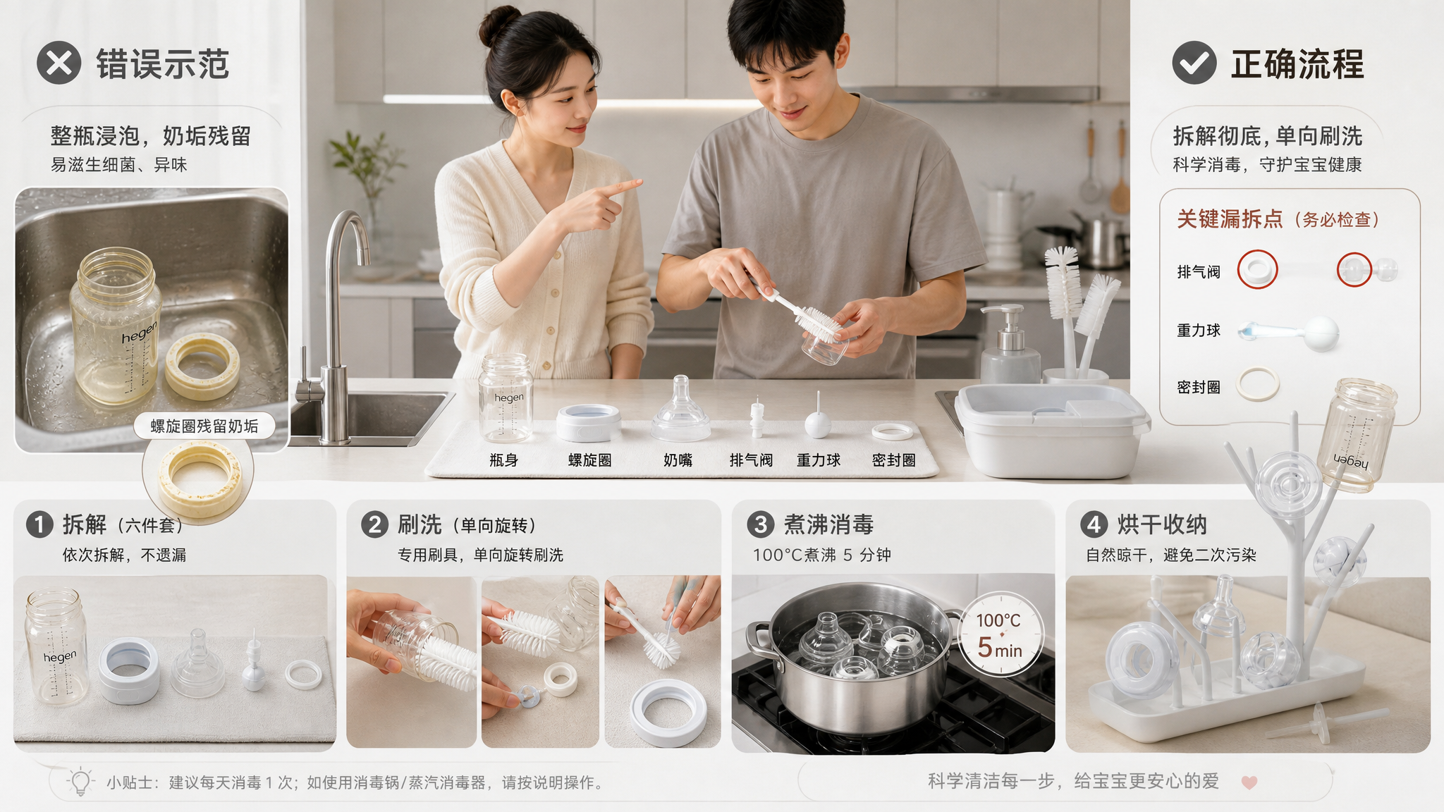 夜奶后奶瓶别泡水槽：拆洗6件套无菌SOP