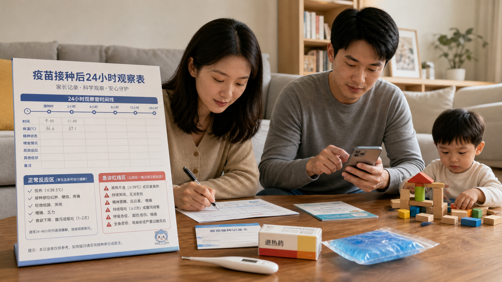 中国年轻父母在家中客厅的桌边整理“疫苗接种后24小时观察表”,桌面有体温计、退热药盒(无品牌)、小冰