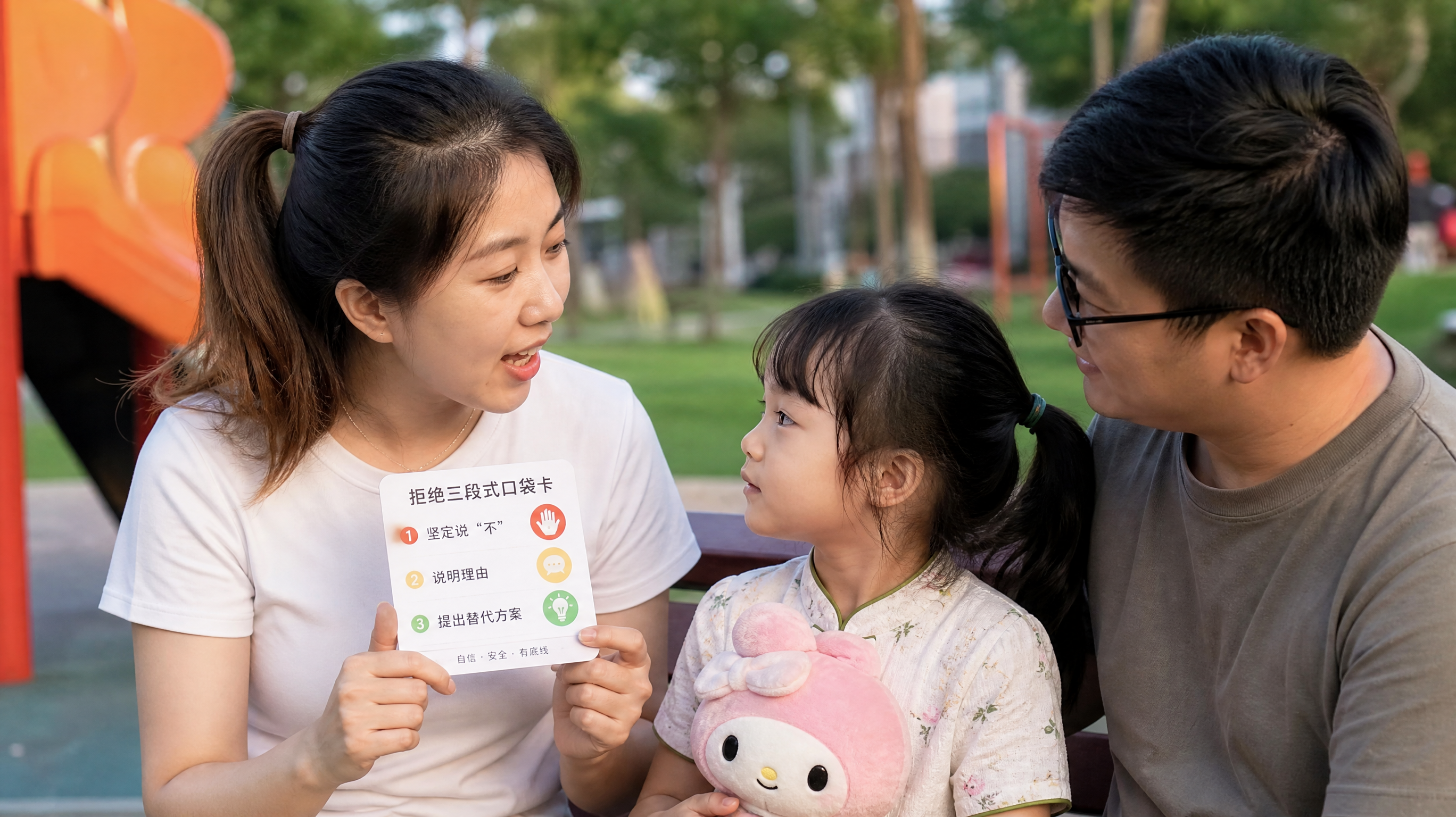 中国年轻父母与中国4-6岁幼儿在社区游乐场长椅旁进行情景演练，妈妈拿着一张“拒绝三段式口袋卡”给孩子