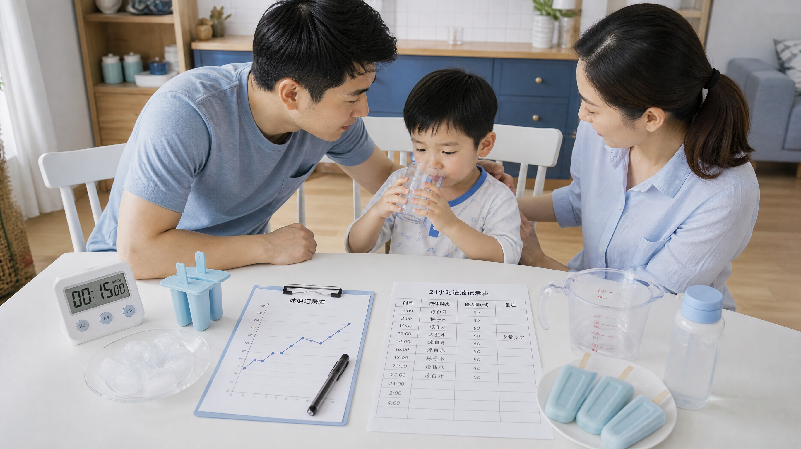 中国年轻父母在家中明亮整洁的餐桌旁照顾一位中国学龄前儿童，孩子因口腔疼痛轻皱眉但正在小口喝冰凉的水，