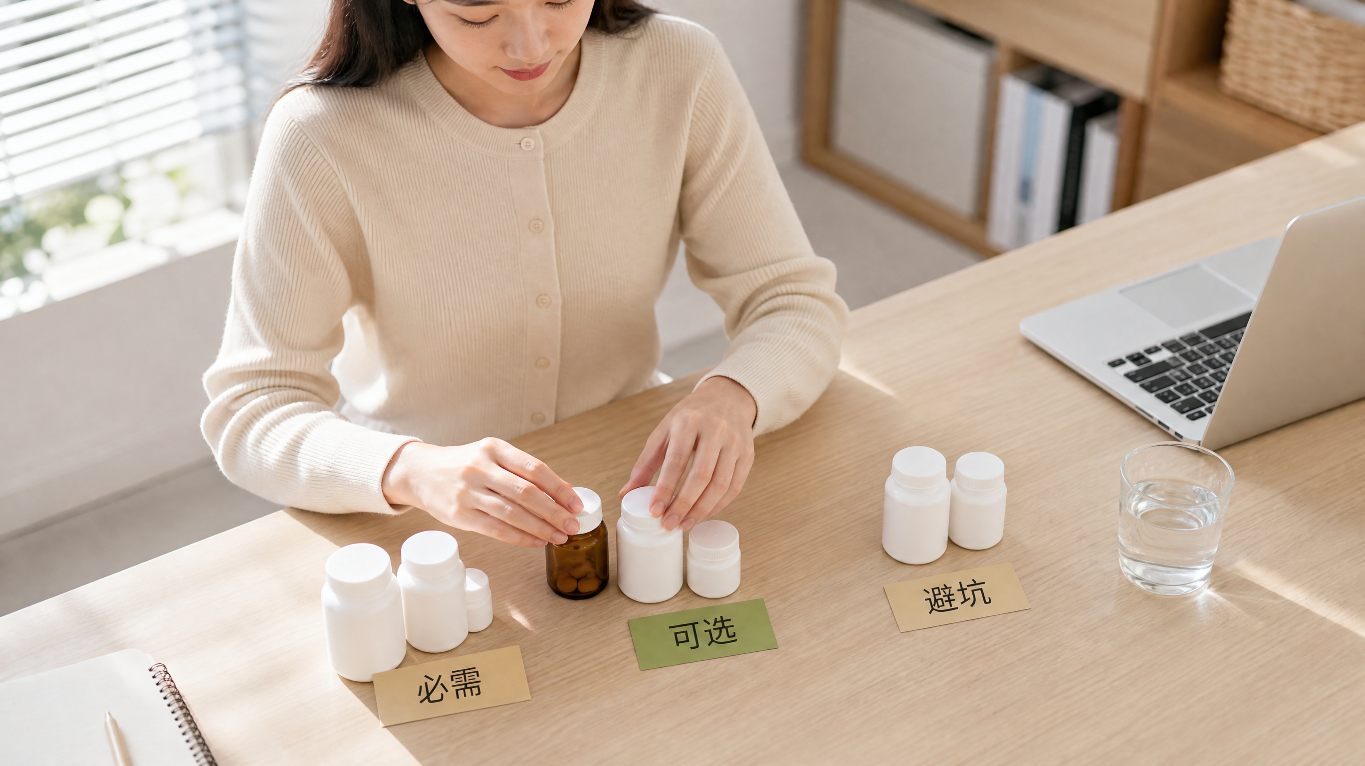 早晨自然光下的极简办公桌场景,中国年轻女性坐在桌前整理备孕补剂,双手将小瓶按“必需/可选/避坑”三类