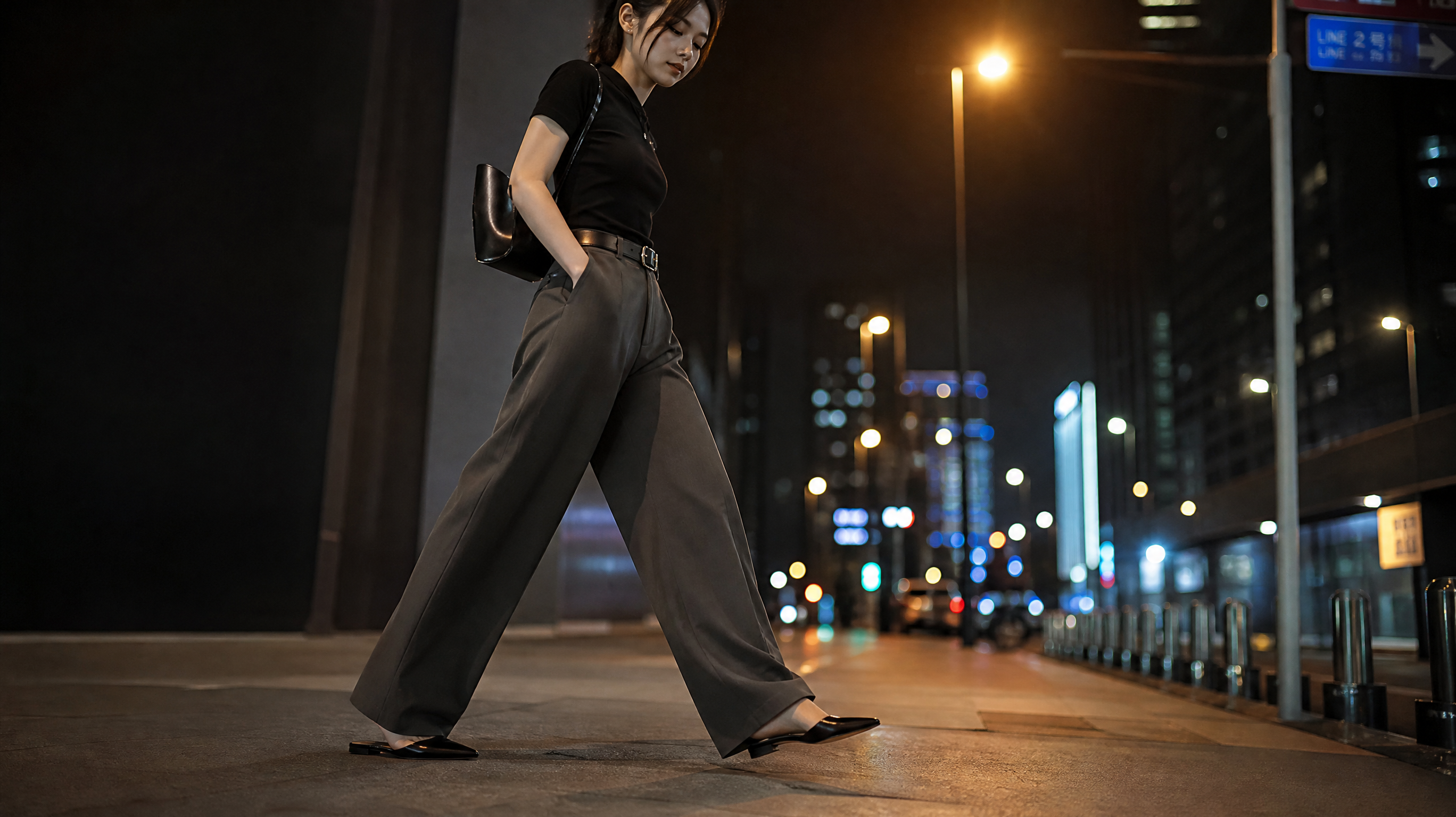 夜景城市街头氛围,中国年轻女性,身穿中腰阔腿西裤(裤长盖住鞋面1-2cm)+贴身深色针织短袖,上系细