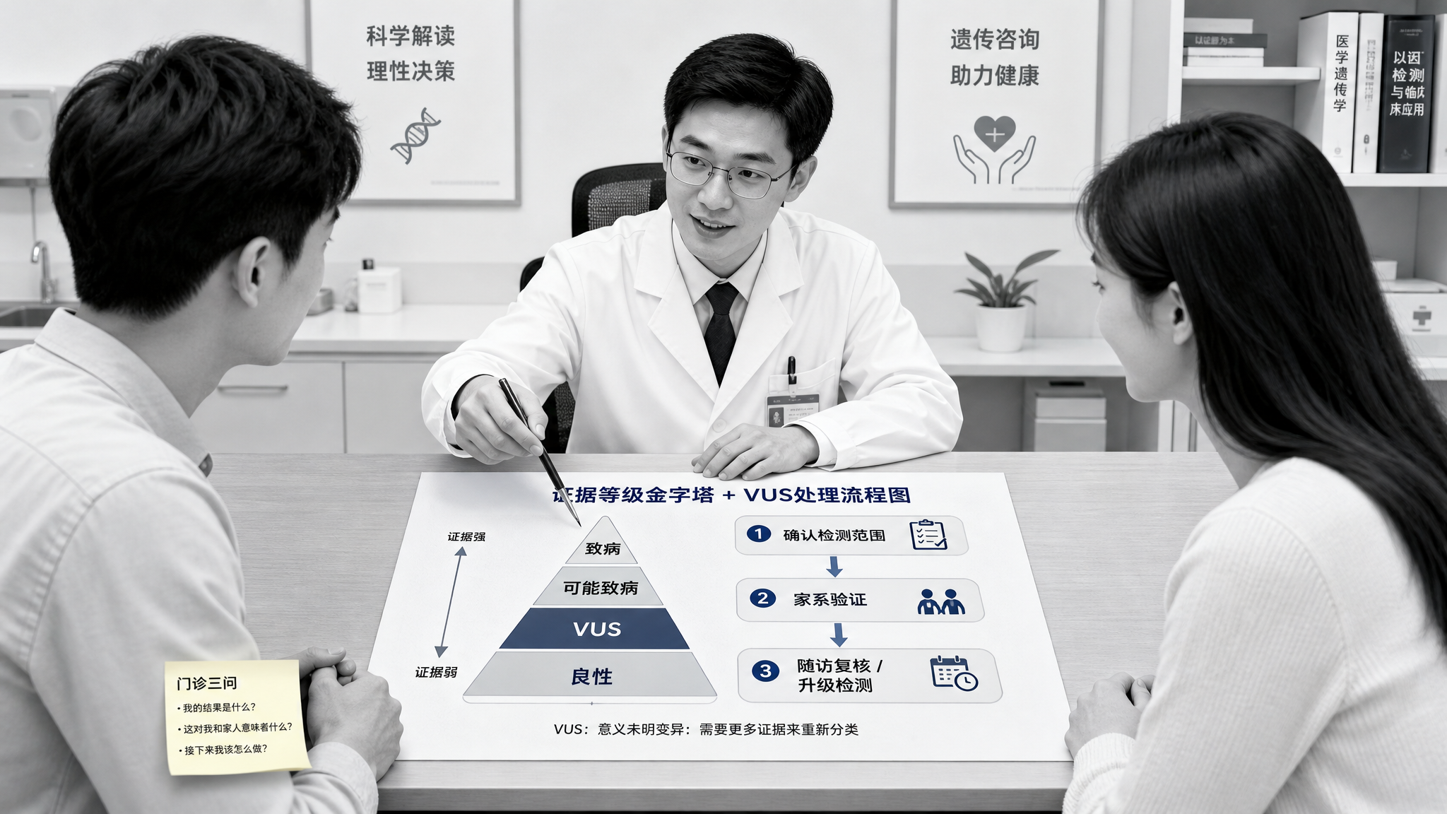 黑白极简医疗风插画海报,场景为医院门诊咨询桌前,中国年轻夫妻坐在医生对面,医生用笔指向桌上一张“证据