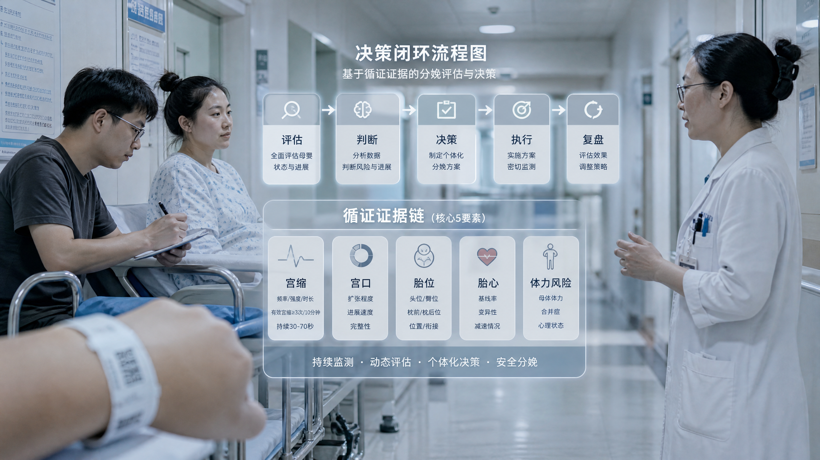 中国产科医院冷白色走廊场景，一位中国年轻产妇坐在移动病床上穿着医院病号服，额头微汗但表情平静，旁边中