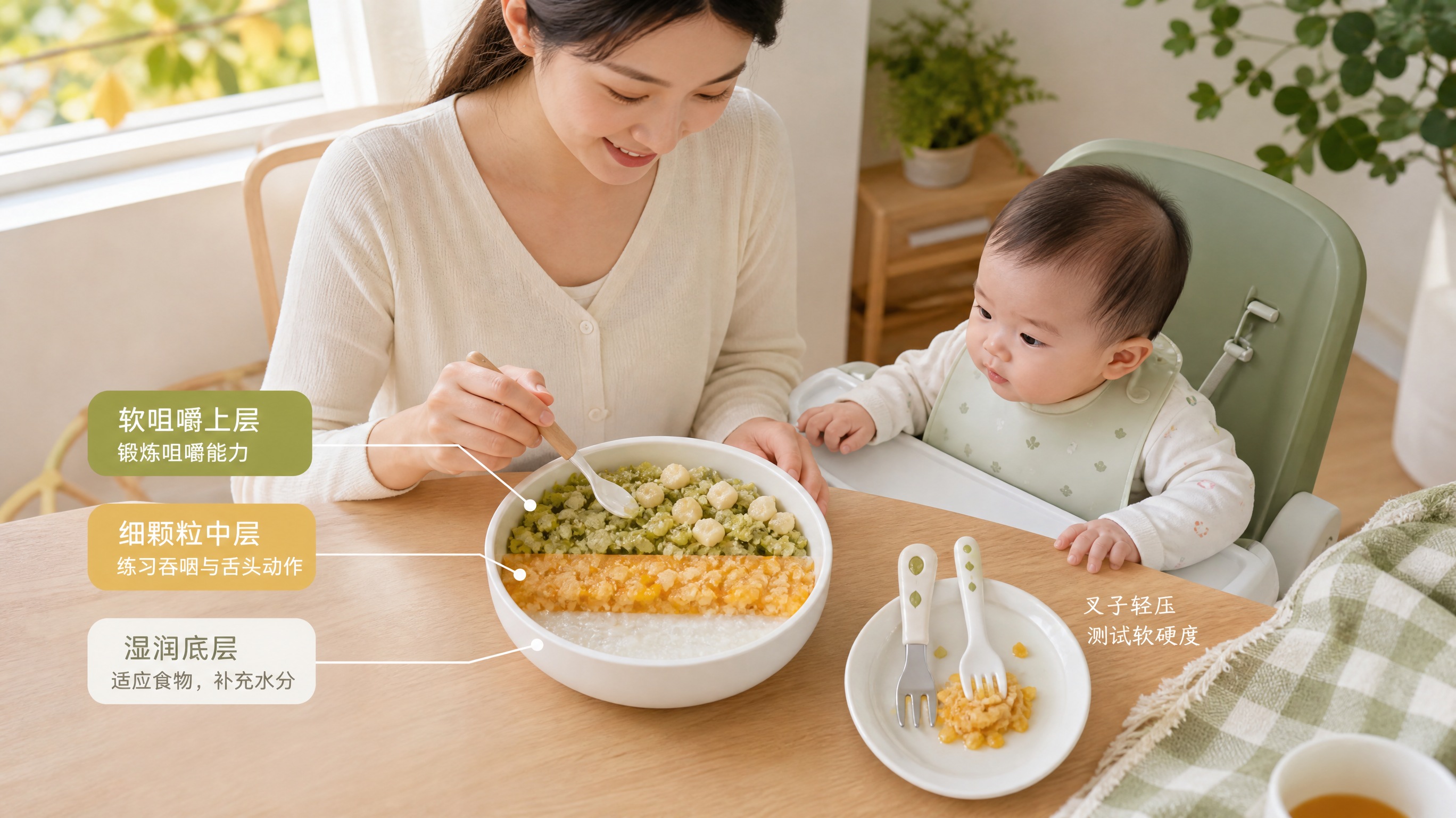 中国年轻妈妈在明亮整洁的家庭餐桌旁，给7-12个月中国宝宝准备一碗辅食，画面核心主体是一只白色辅食碗