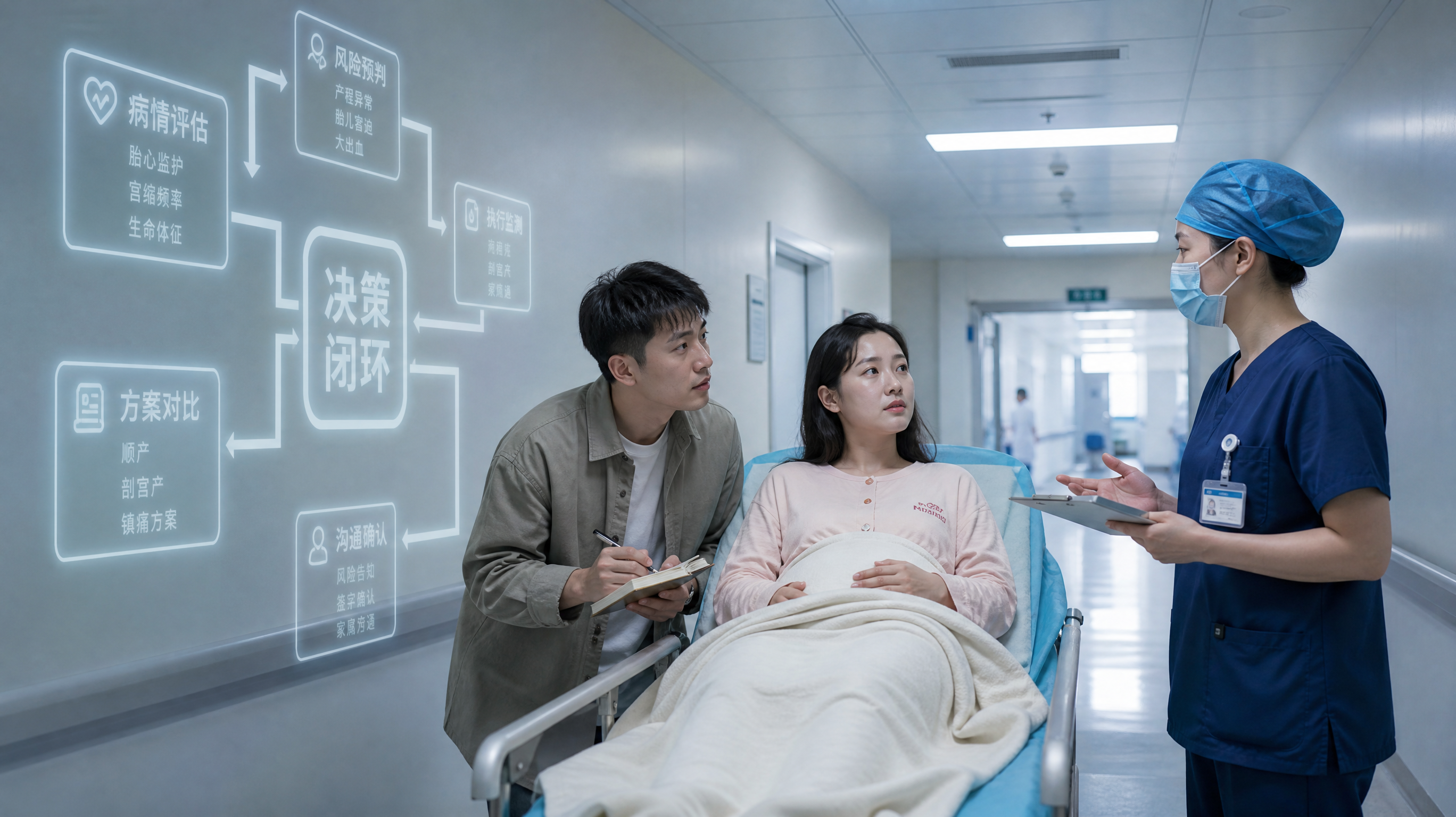 中国产科医院冷白色走廊场景，一位中国年轻产妇坐在推床上披着浅色毯子，额头有细汗但表情平静，旁边中国年