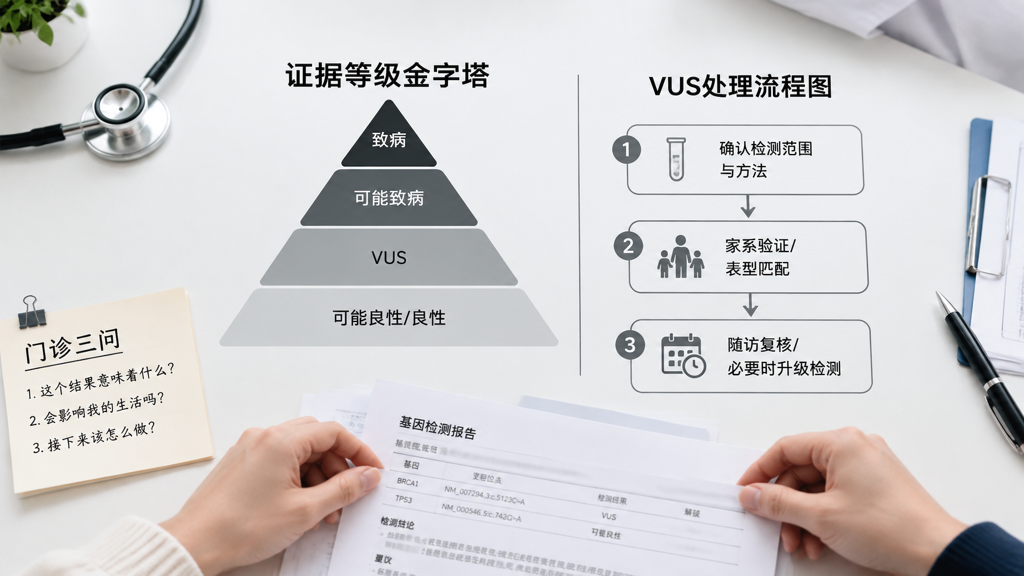 黑白极简医疗风信息图海报,画面中心为“证据等级金字塔”从上到下依次标注“致病、可能致病、VUS、可能