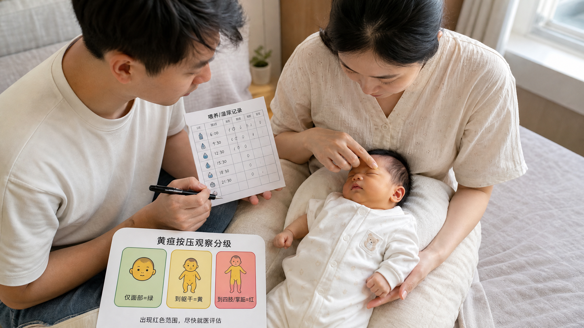 中国年轻父母在家中卧室/客厅窗边的自然散射光下给新生儿做黄疸按压观察与记录,爸爸手拿记录卡和笔作为“