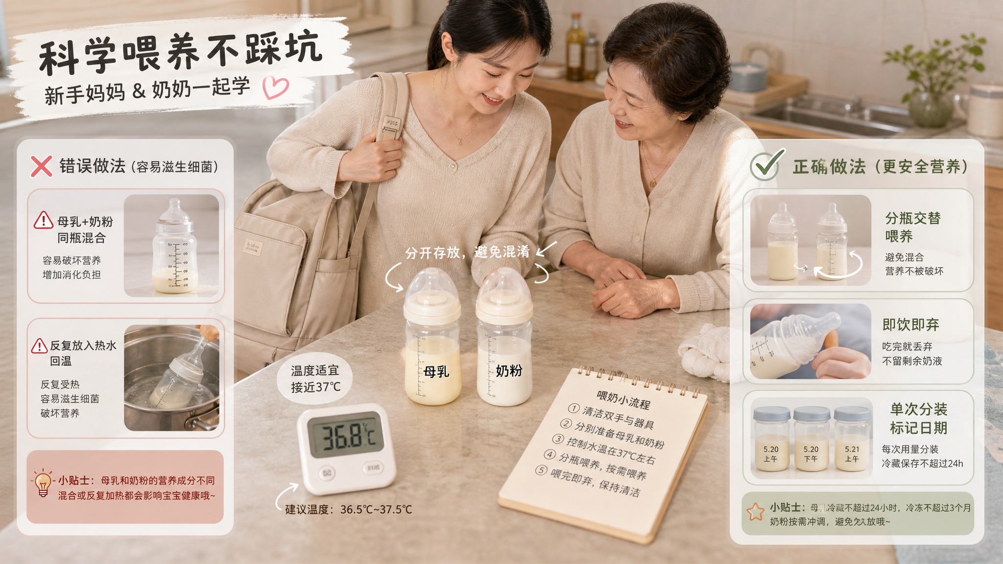 混合喂养别同瓶回温：分瓶交替+37℃同轨