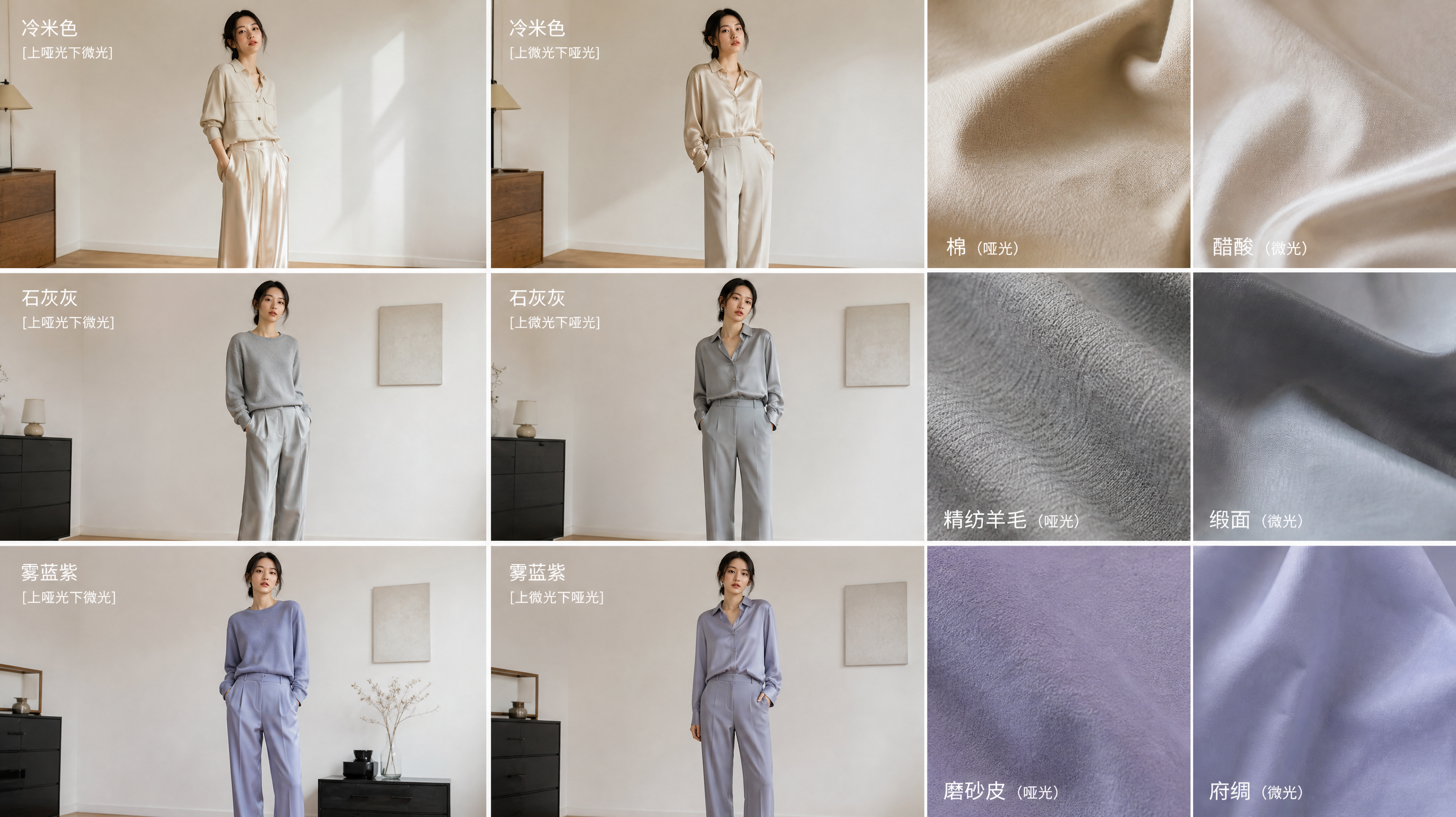 中国年轻女性时尚博主在明亮极简的室内(干净白墙与原木地板),站立做造型展示,核心主体为同色系穿搭“材