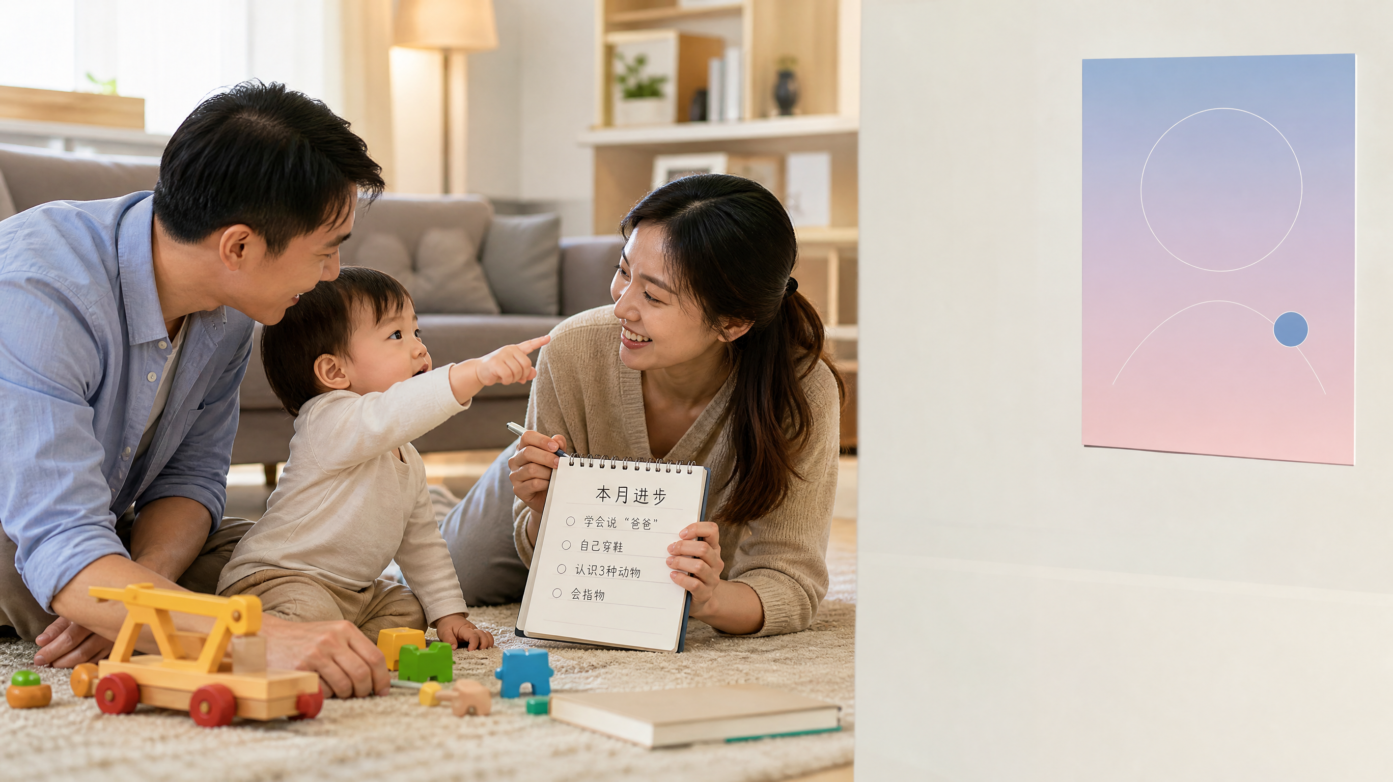 中国年轻父母在家中客厅地毯上陪一位中国幼儿玩耍并进行语言互动，父母一边微笑回应孩子的指物动作一边用小