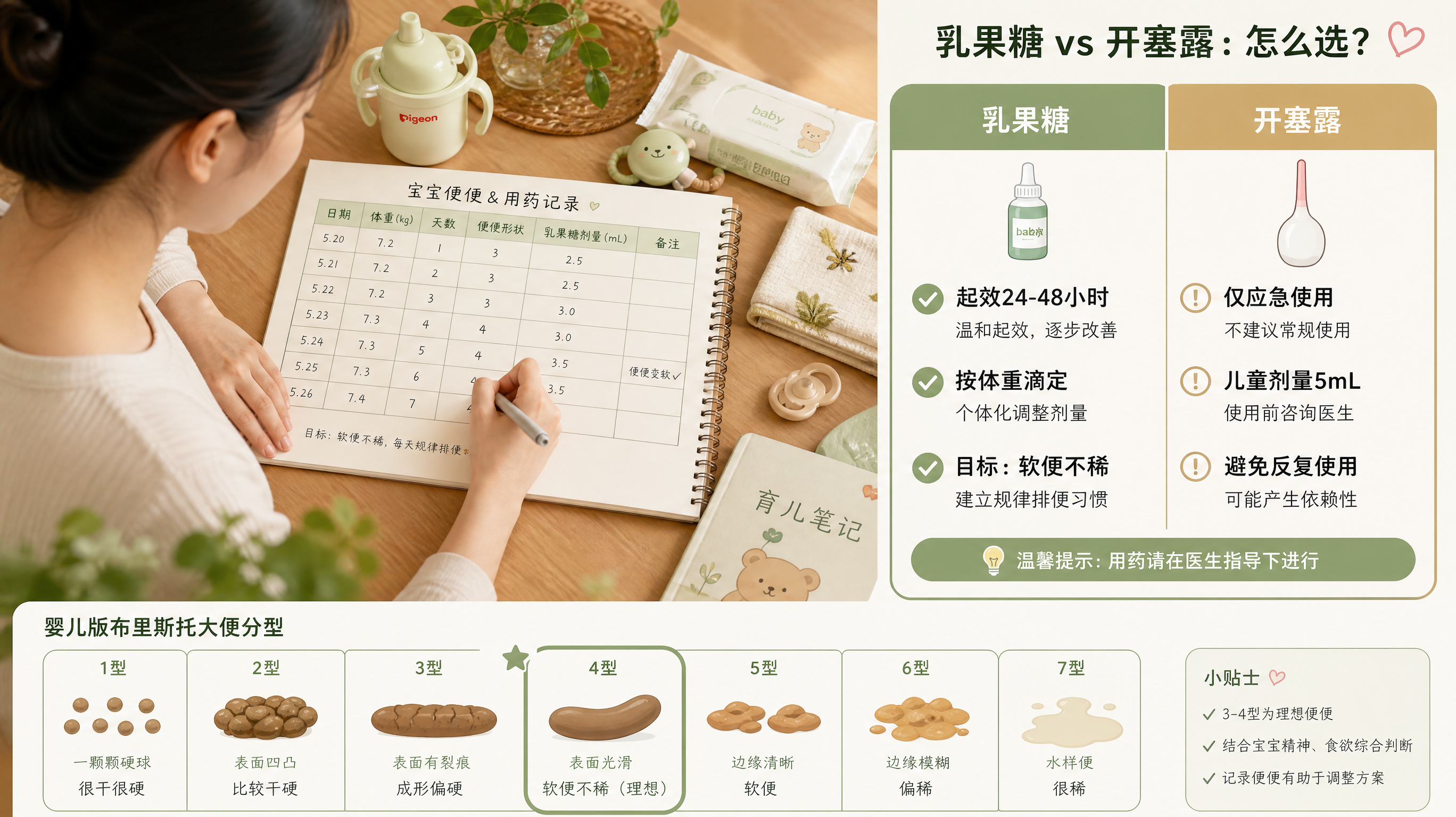 画面为信息图风格的育儿科普配图，中国年轻妈妈在家中餐桌旁记录数据，中国婴儿用品与育儿笔记本在桌面，妈