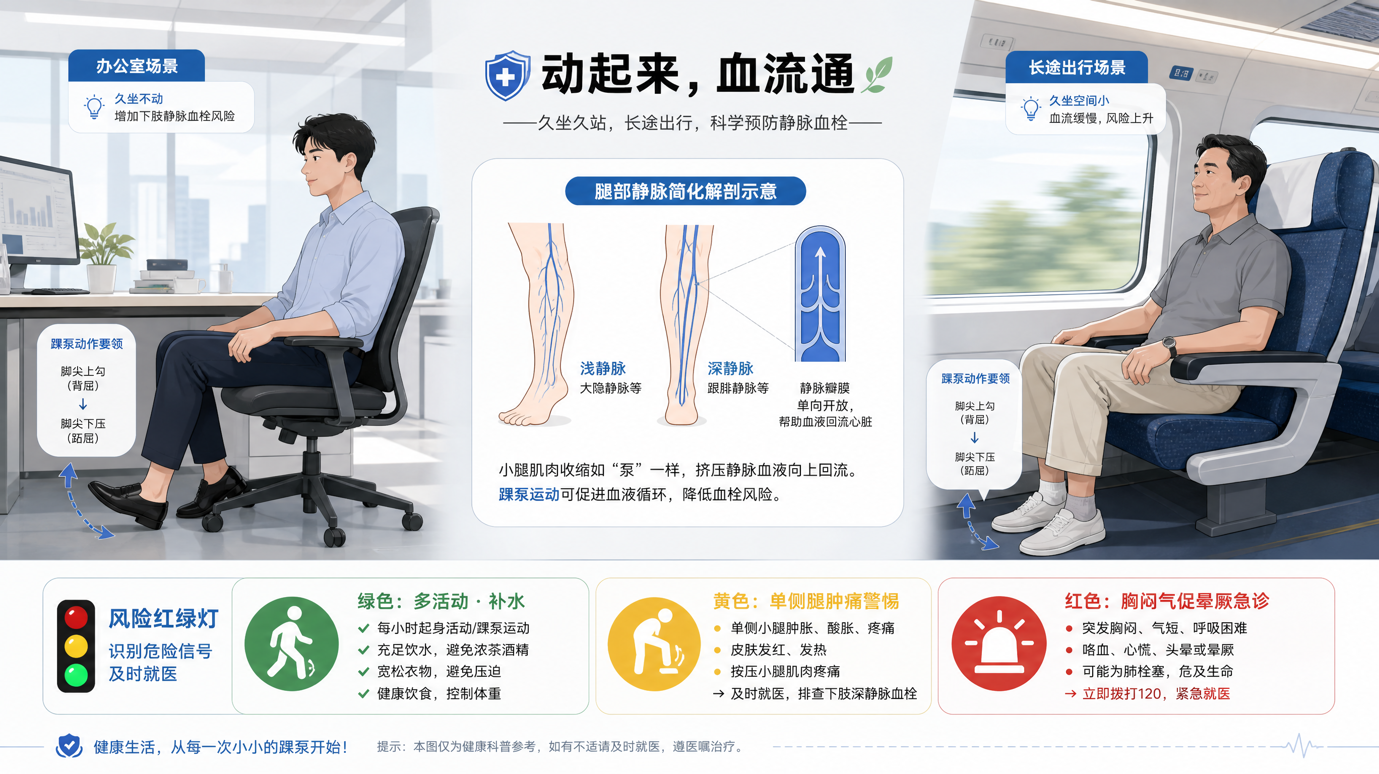中国办公室场景与长途出行场景的拼接信息图风插画，画面主体为一位中国年轻上班族坐在办公椅上做踝泵动作（