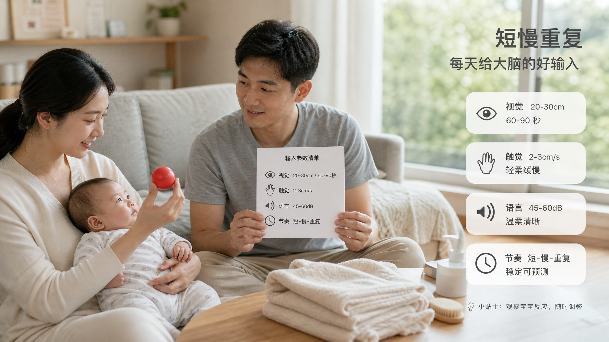中国年轻父母在家中客厅,靠近窗边自然光环境,妈妈抱着0-3个月中国婴儿,爸爸拿着简洁的参数清单卡片(