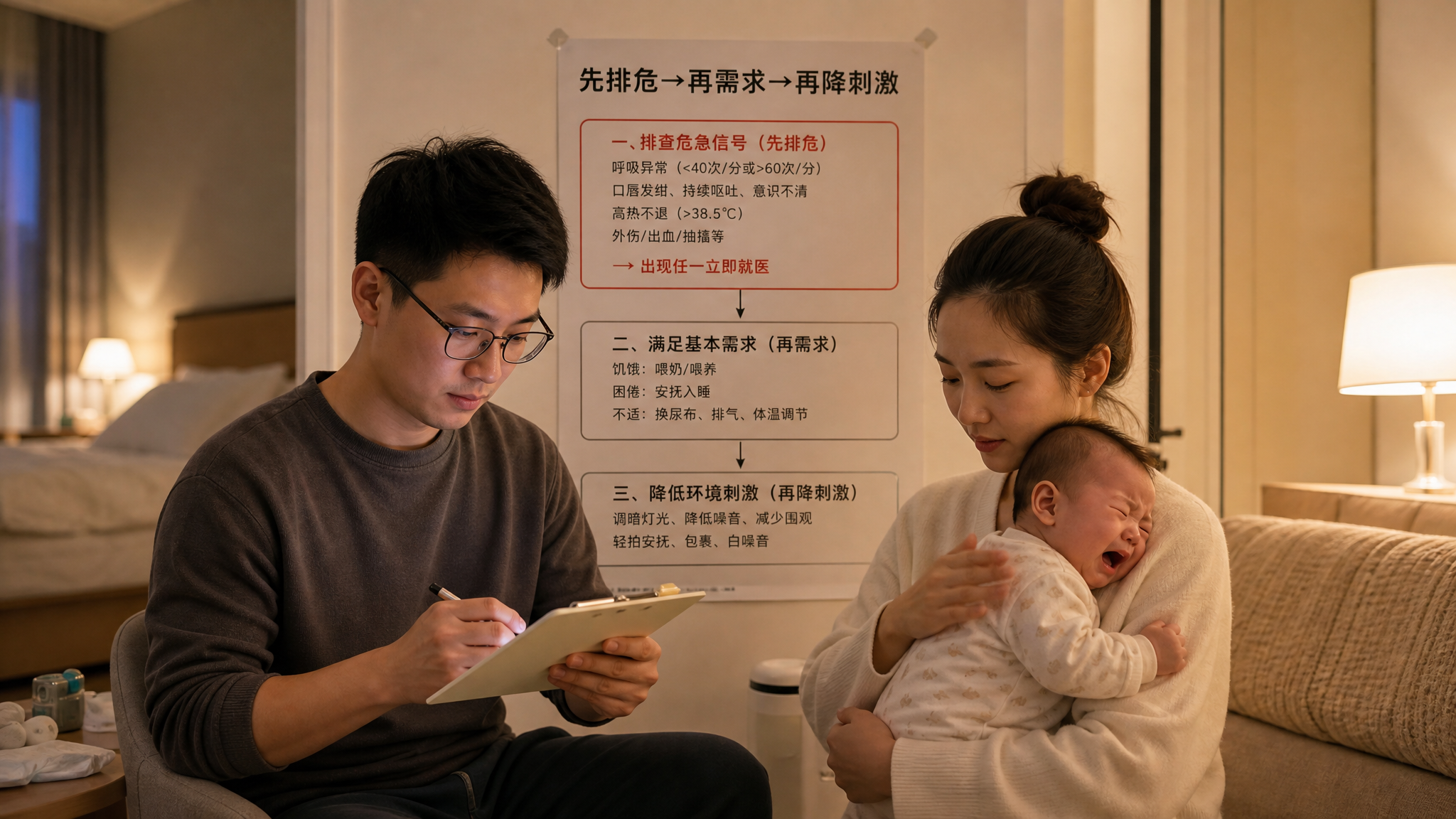 中国年轻父母在家中卧室/客厅交界处的真实育儿场景，傍晚低刺激环境，爸爸手拿记录板/手机备忘录做勾选记