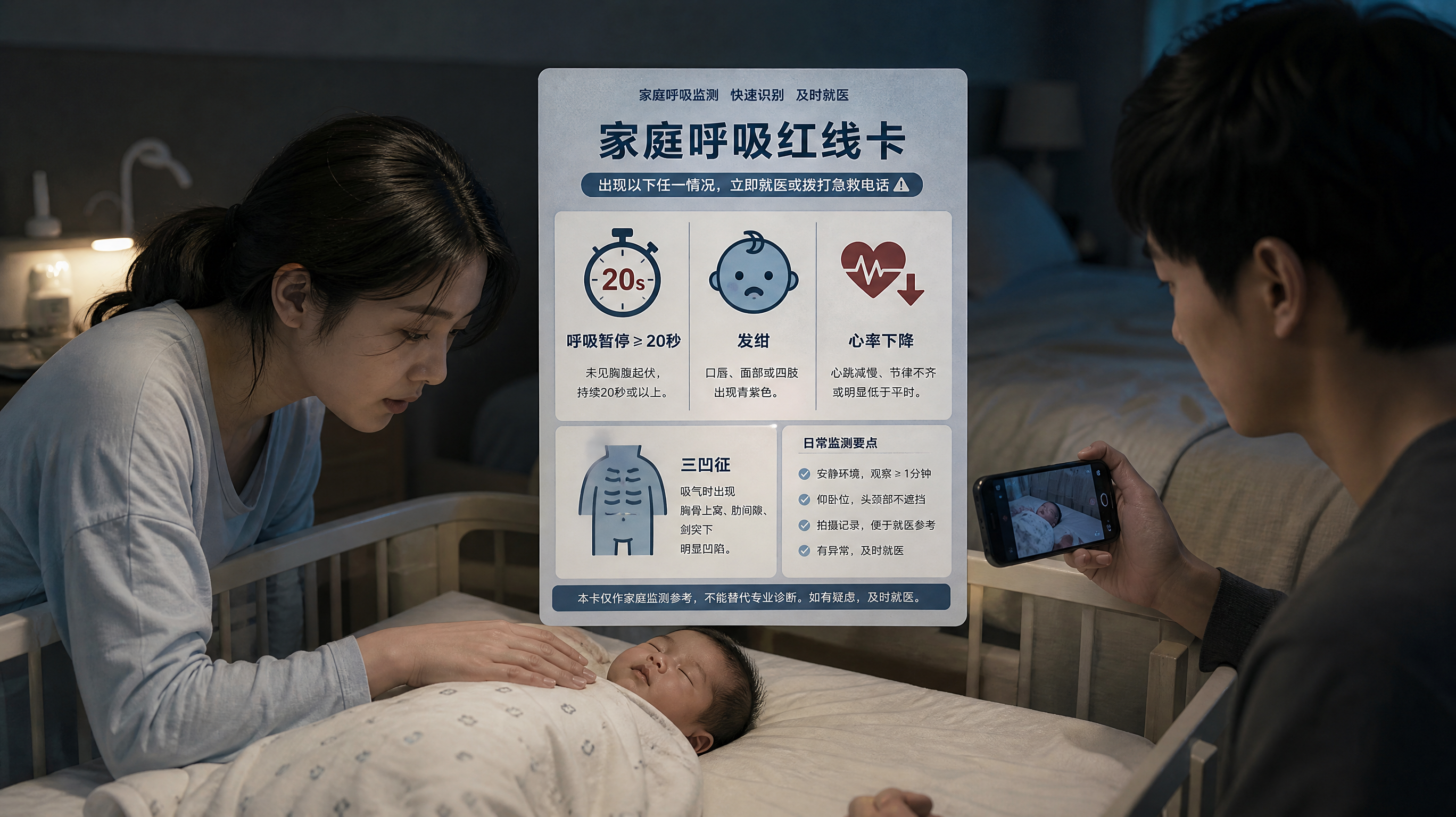 场景为夜间卧室的婴儿床旁,中国年轻妈妈和年轻爸爸在柔和灯光下观察新生儿呼吸,妈妈一手轻放在宝宝胸口感