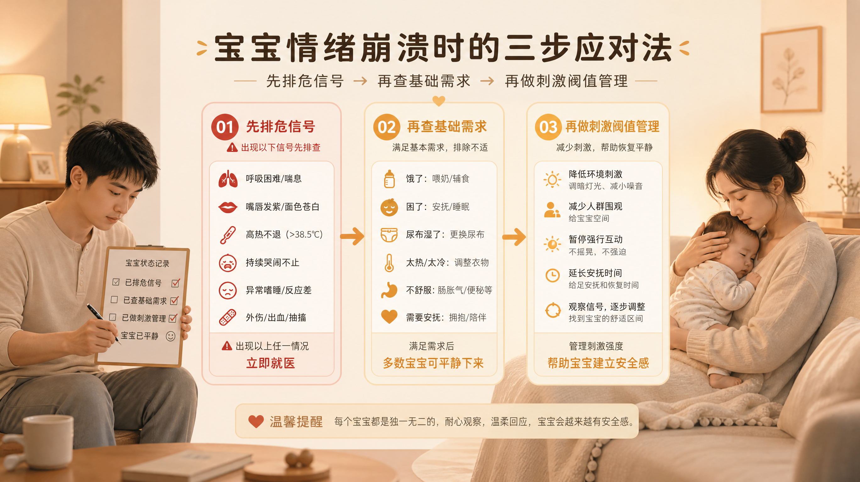 竖版信息图风格插画，场景为中国家庭客厅傍晚，暖色低亮度小灯，背景简洁；一位中国年轻爸爸拿着记录板在打