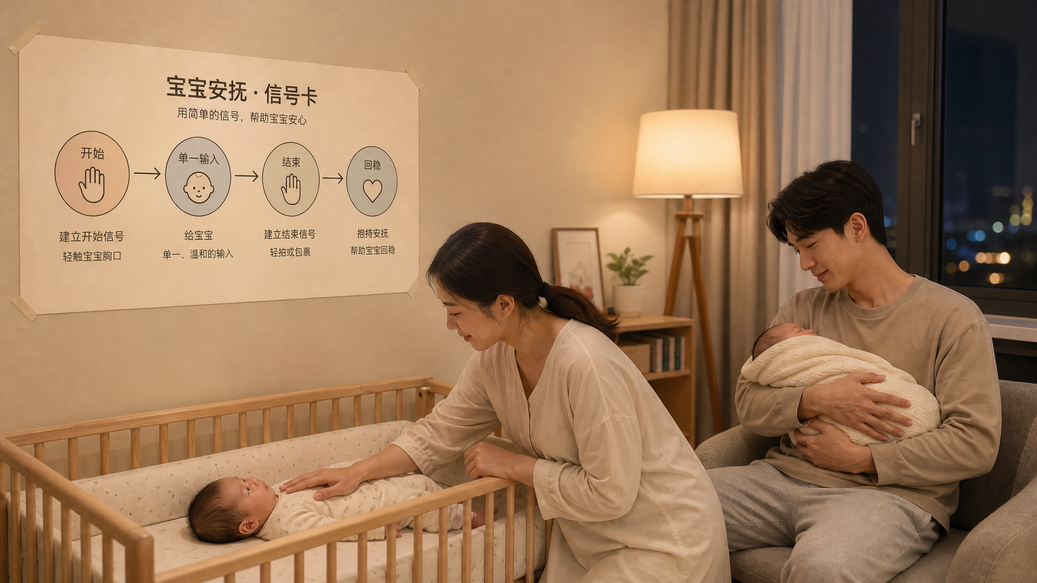 中国年轻父母在夜晚的家庭卧室/客厅一角照顾新生儿,画面主体是一张贴在墙上的“信号卡”与简单闭环流程图
