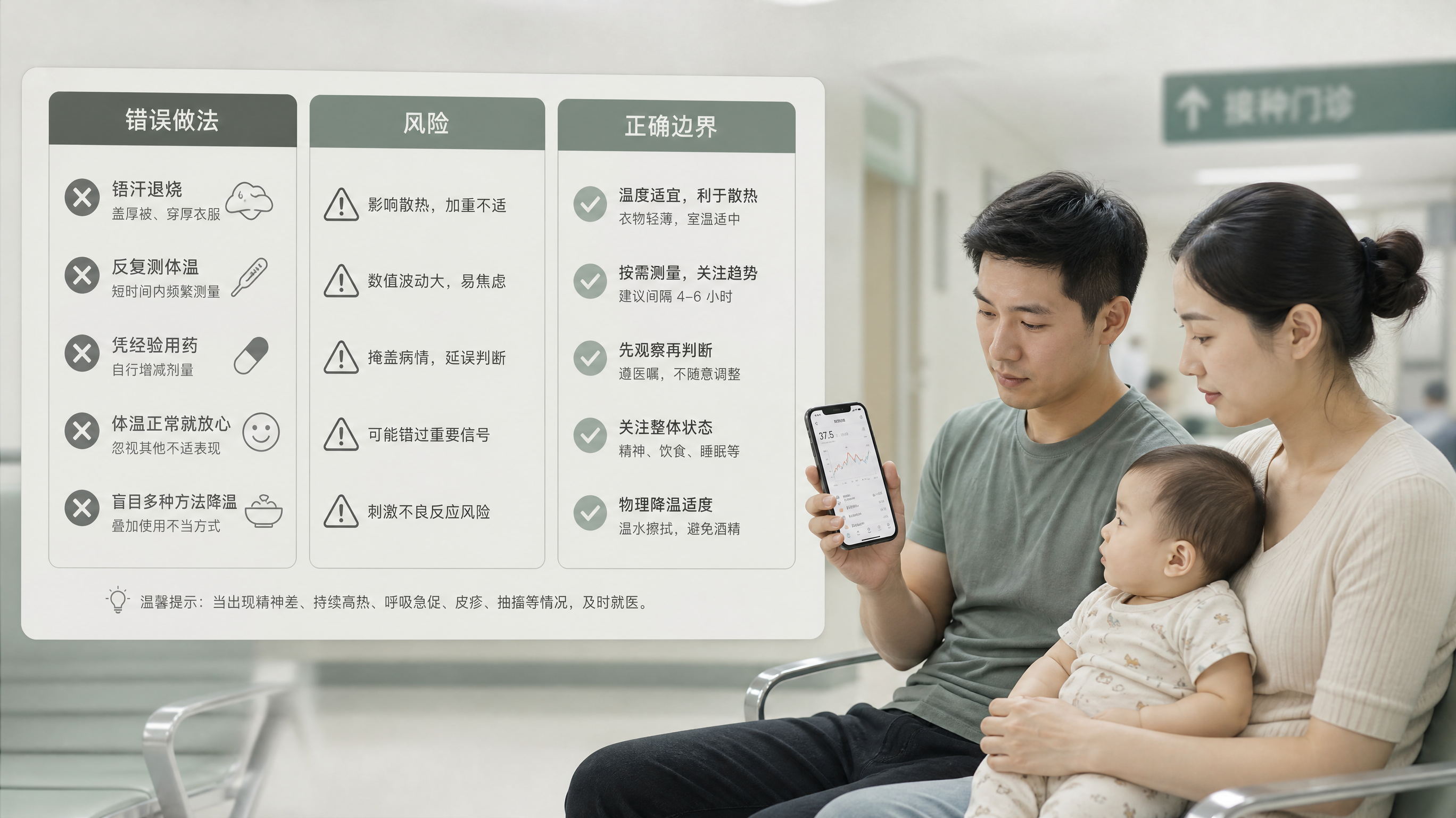 中国年轻父母在社区接种门诊外的等候区,爸爸手里拿着手机记录体温趋势和观察要点,妈妈抱着中国婴幼儿,旁