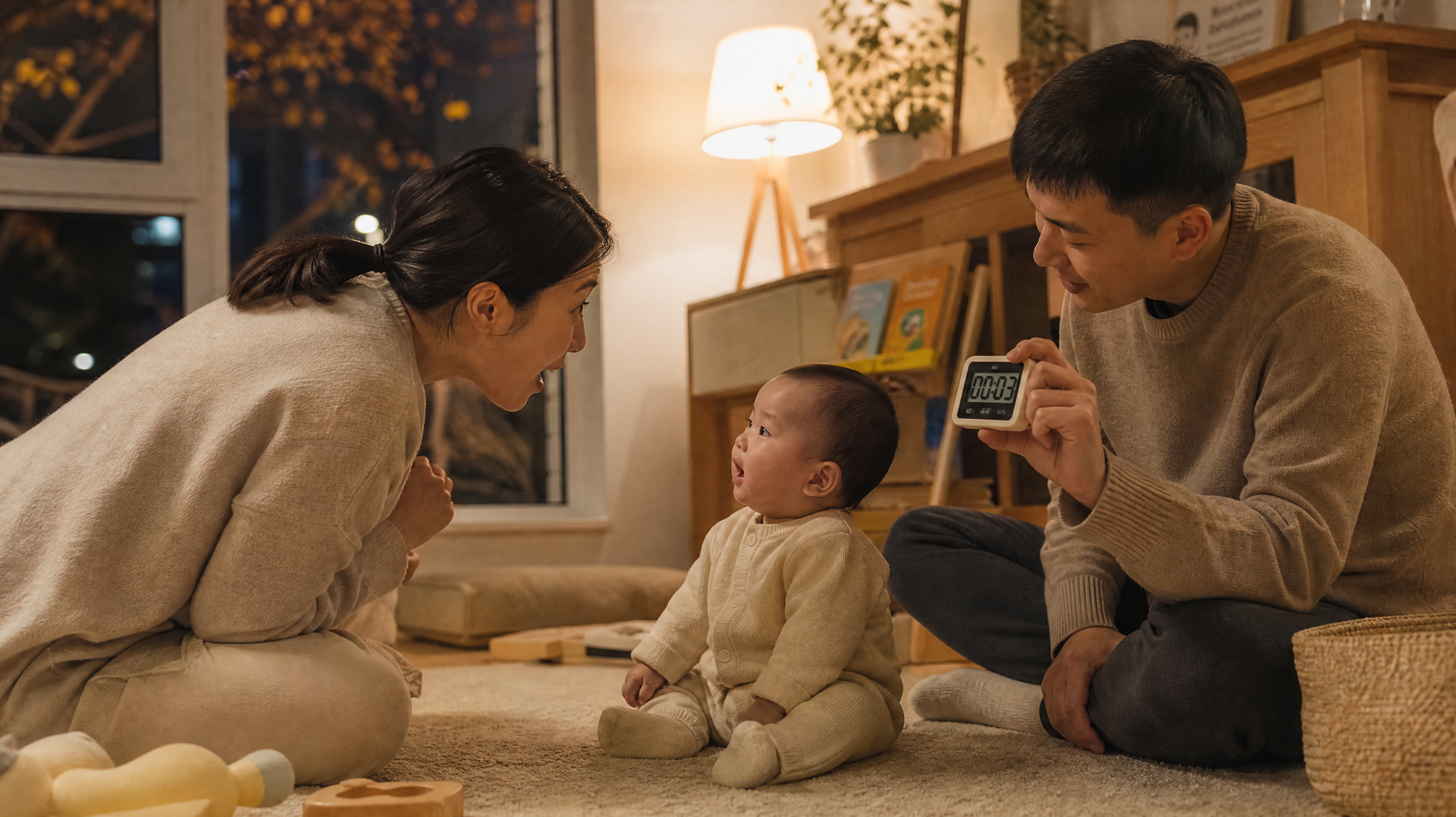 中国年轻父母在秋日晚间的温馨客厅里与中国7个月左右婴儿互动练习“轮替对话”，妈妈坐在地毯上靠近宝宝，