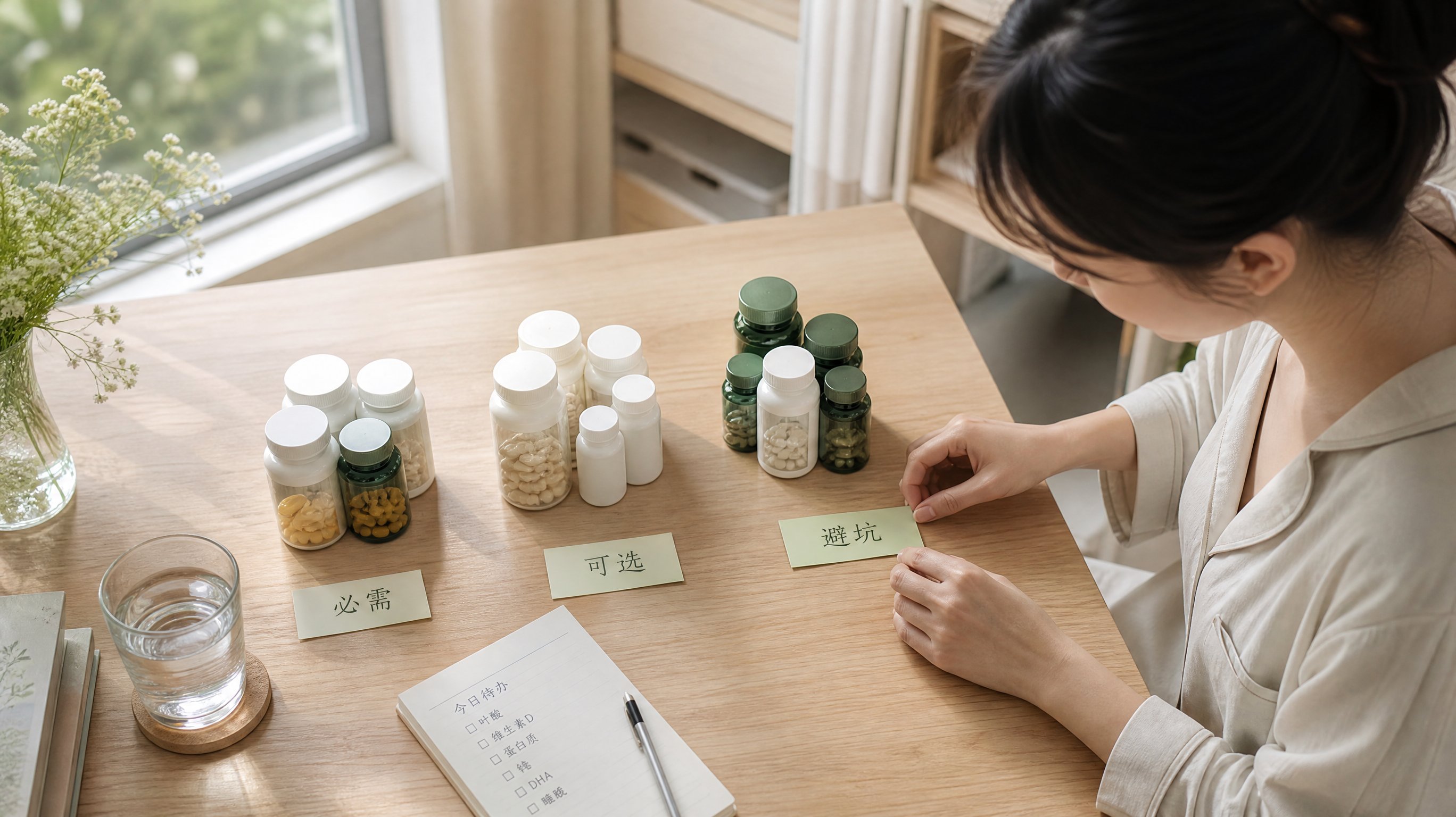 中国年轻女性在清晨自然光下的书房/办公室桌面前整理备孕补剂,人物穿简洁家居服,正把几瓶无品牌标签的补