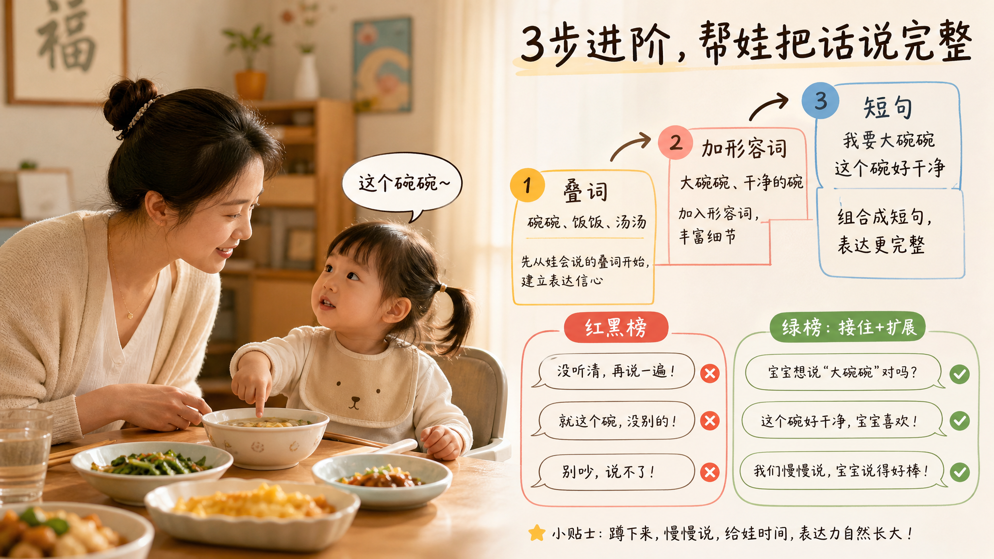 孩子总说“饭饭水水”？别急纠正，用3句扩展法更会说