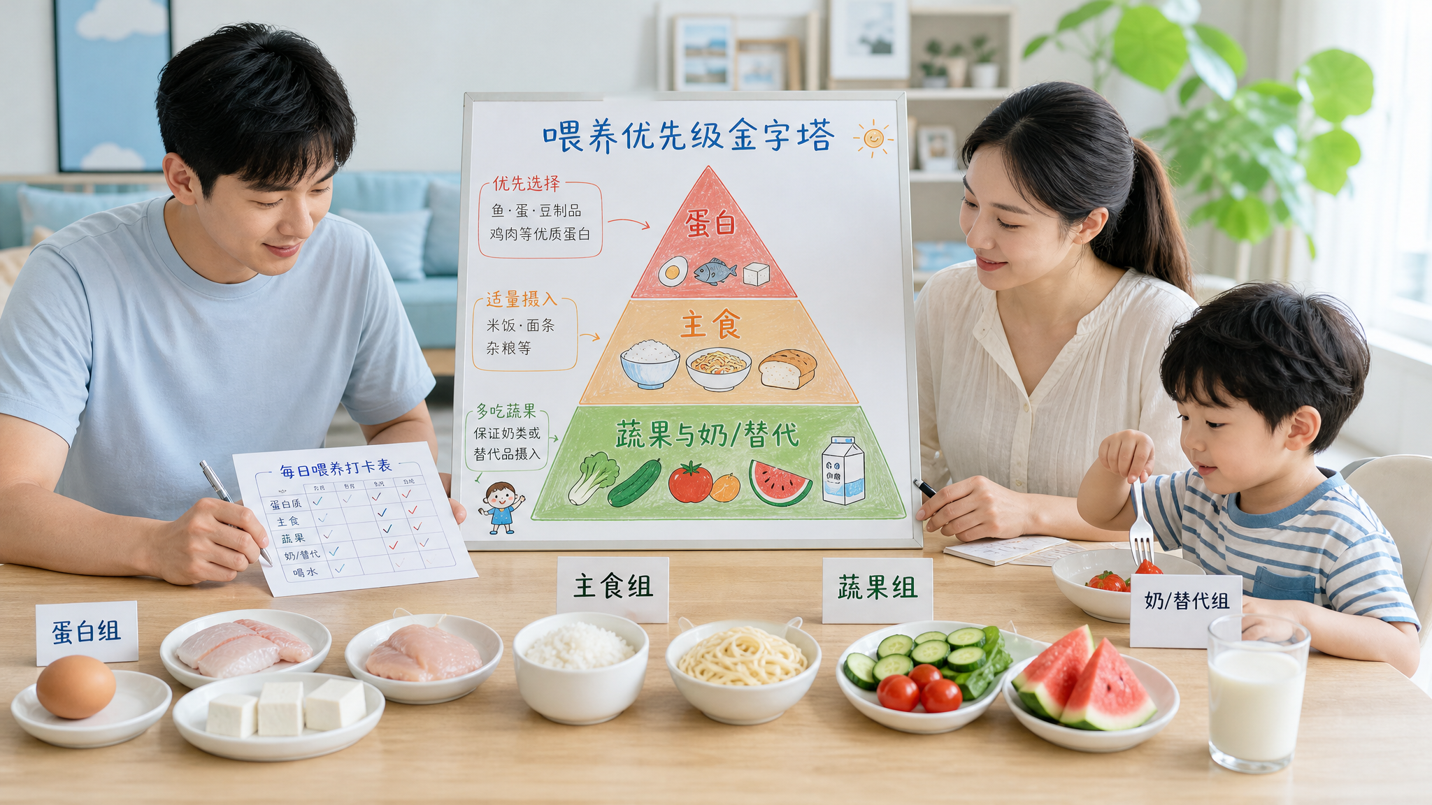 中国年轻父母在家中餐桌旁为一位中国学龄前儿童（3-6岁）准备夏季清淡餐食，画面中心是一张“喂养优先级