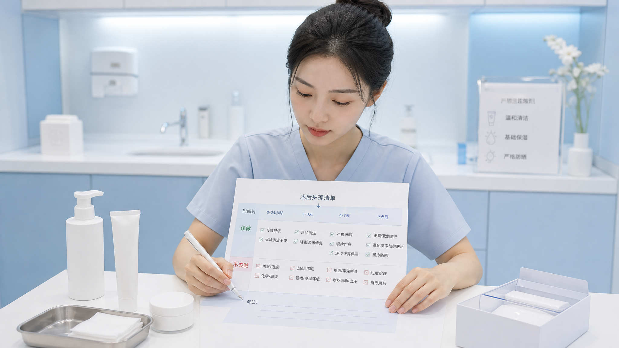 竖版构图,医院蓝白极简风场景,中国年轻女性坐在干净明亮的皮肤科诊室或护理台前,手边放一张“术后护理清