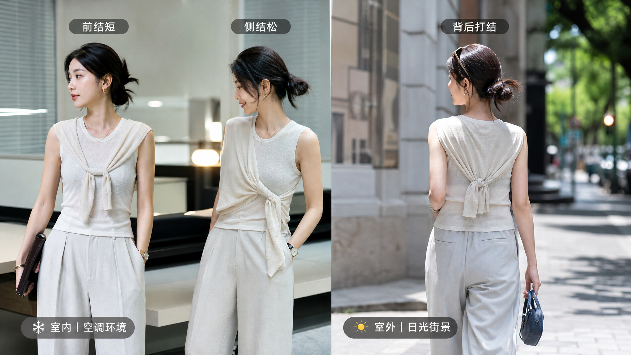 中国年轻女性,夏季城市街头与室内场景拼屏对比(左侧室内空调环境,右侧室外日光街景),人物穿无袖上衣与