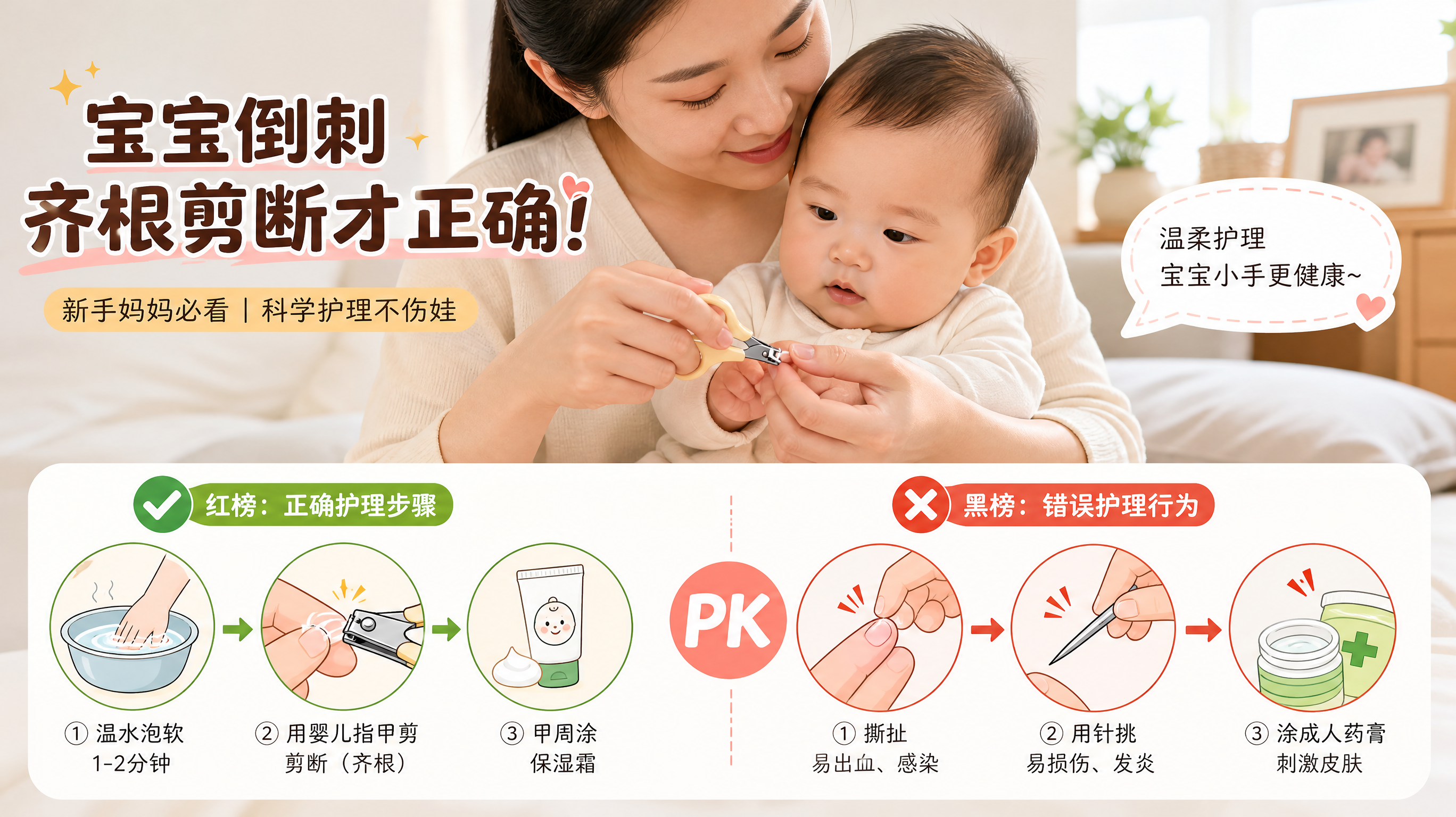 中国年轻妈妈在家中明亮温暖的卧室或客厅里，抱着0-1岁中国宝宝，妈妈用婴儿指甲剪为宝宝手指倒刺进行“