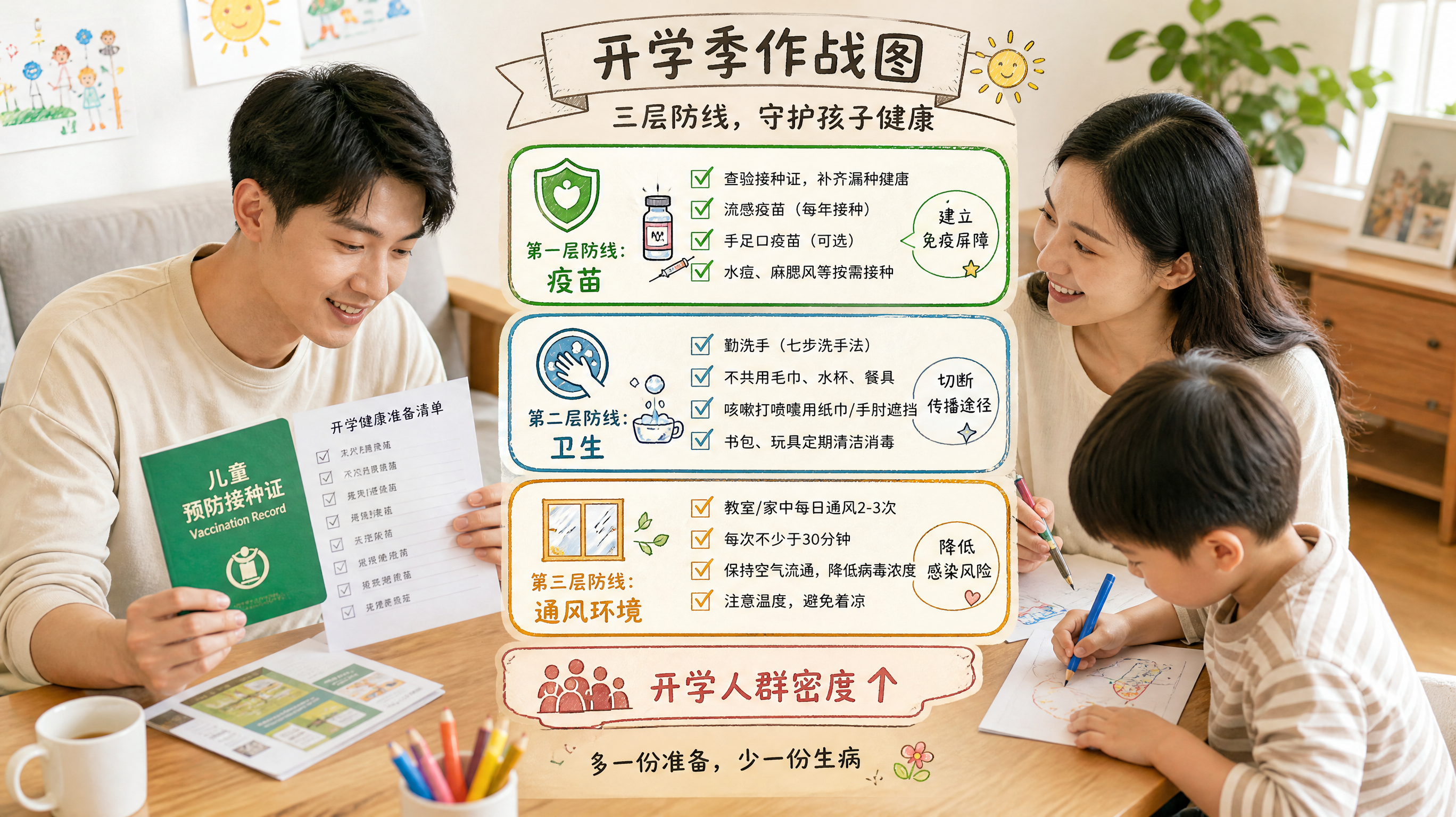 竖版海报构图，明亮的家庭餐桌前，一位中国年轻爸爸和中国年轻妈妈一起拿着儿童预防接种证与清单做计划，旁
