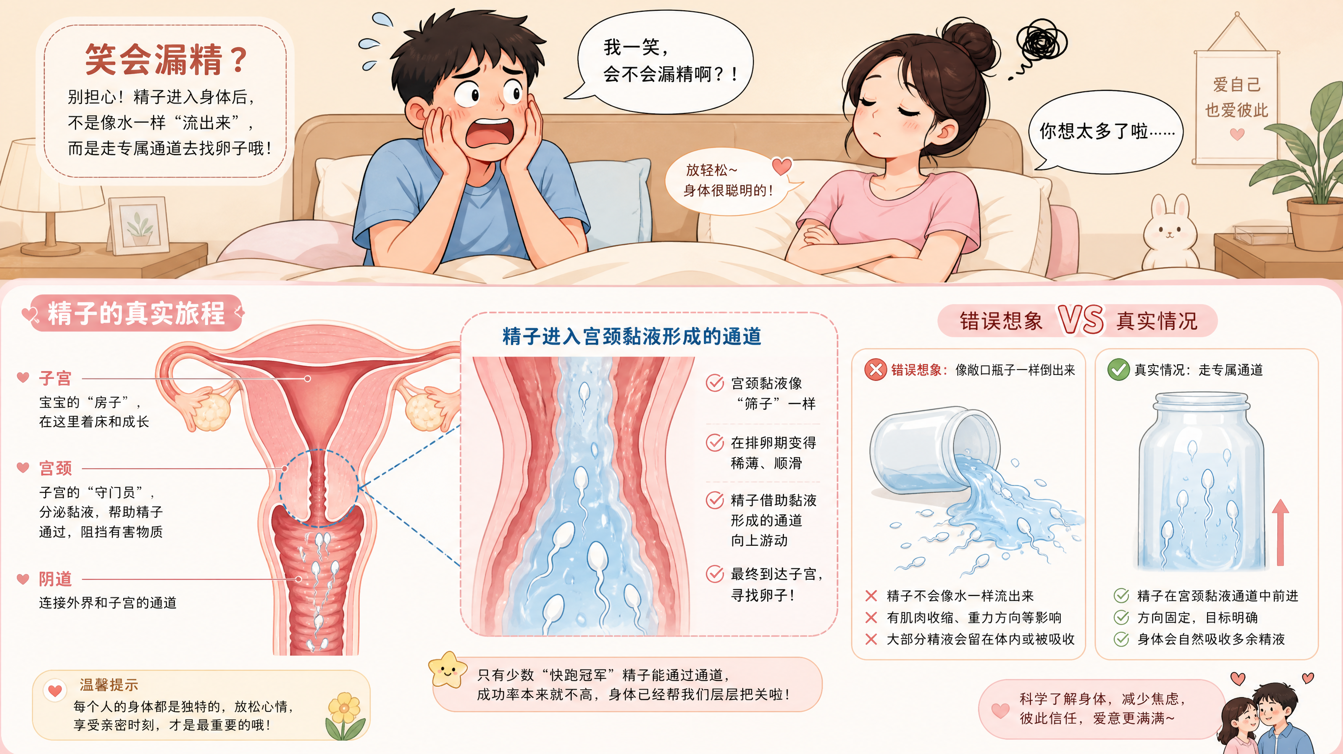 竖版条漫风科普插画,场景为简化女性生殖道剖面示意(阴道、宫颈、子宫),中国年轻夫妻在床边的生活化情境