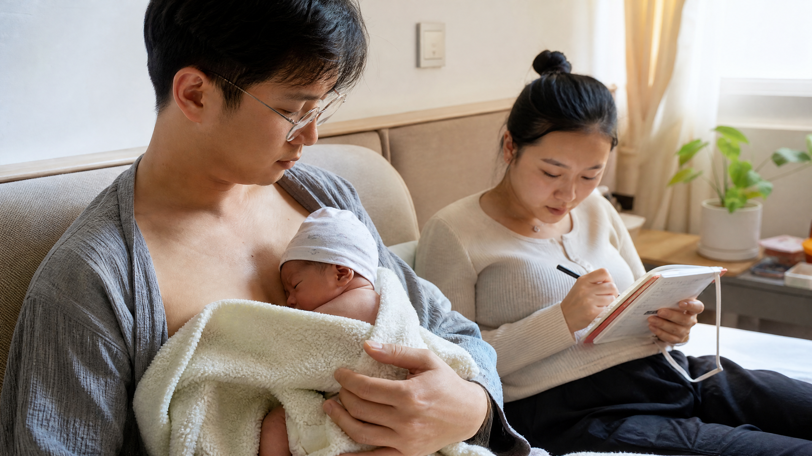 中国年轻爸爸在卧室/客厅的安静角落进行袋鼠护理，爸爸上身裸露或穿开襟衣服，胸前用柔软包被固定一个中国
