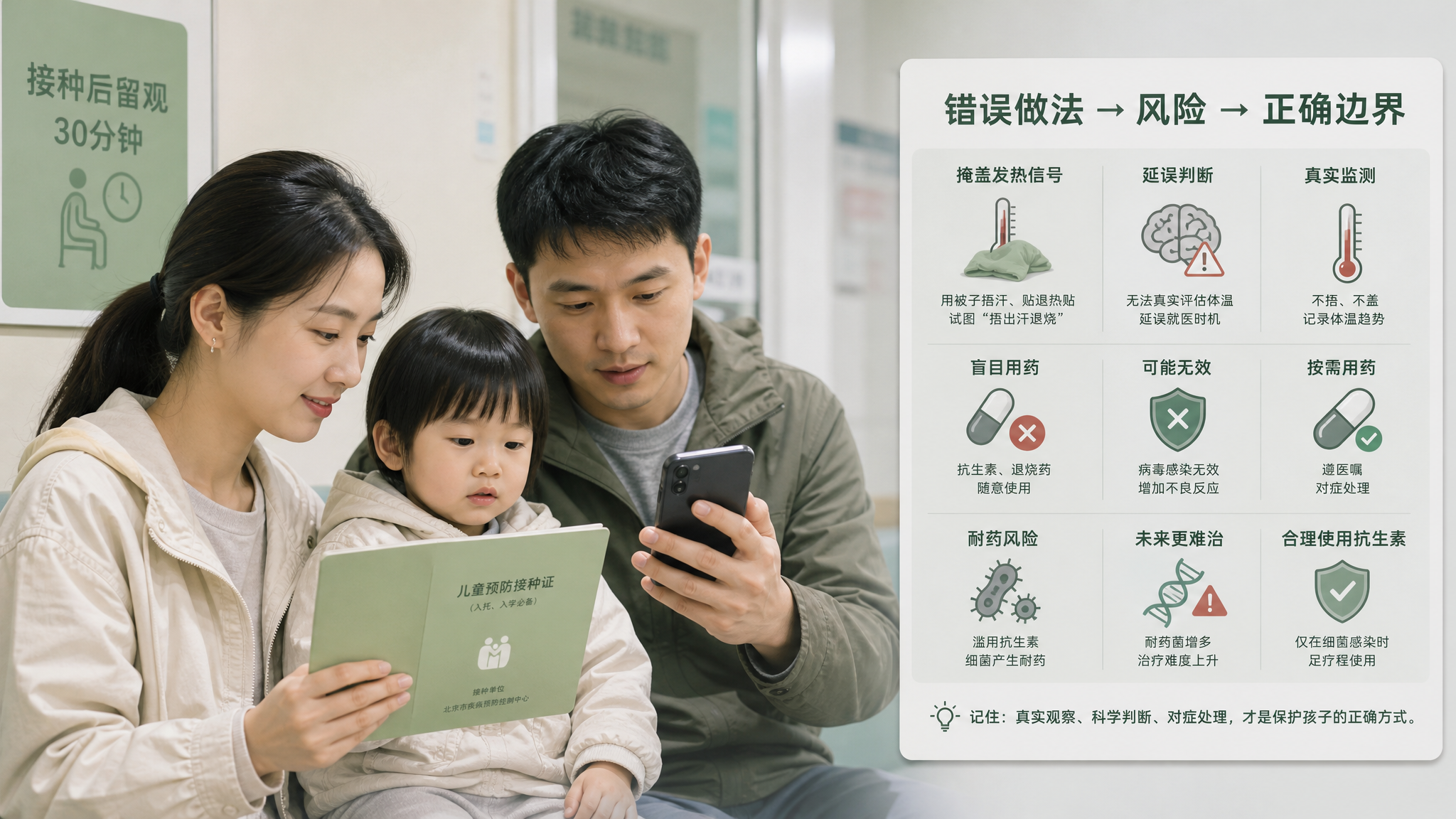 中国年轻父母在社区接种门诊的候诊区,妈妈手持儿童接种本,爸爸拿着手机记录孩子体温趋势与精神状态,旁边