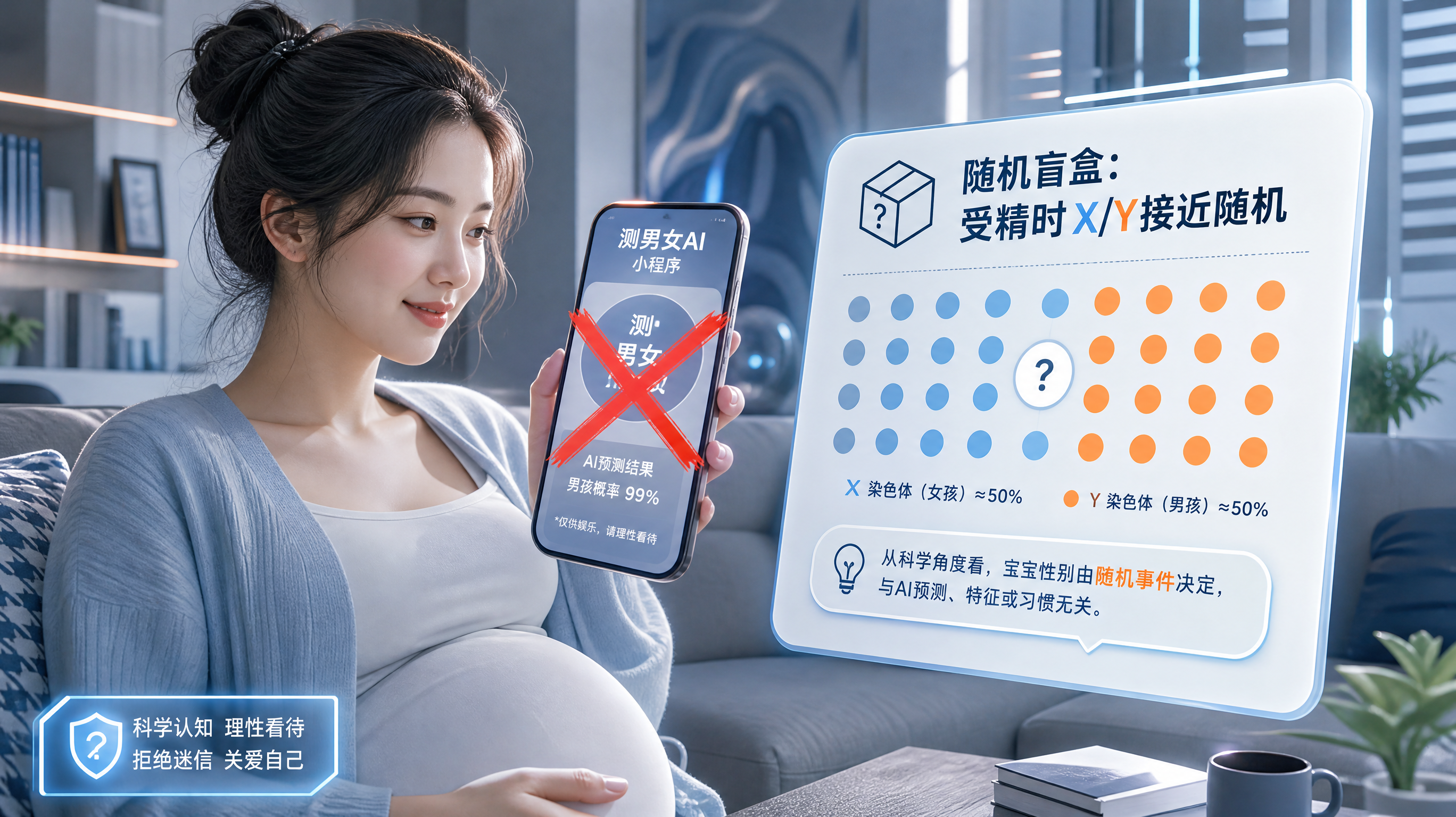 中国年轻孕妈坐在家中客厅沙发上,手持手机看向屏幕,屏幕上是“测男女AI小程序”界面被一个醒目的红色叉