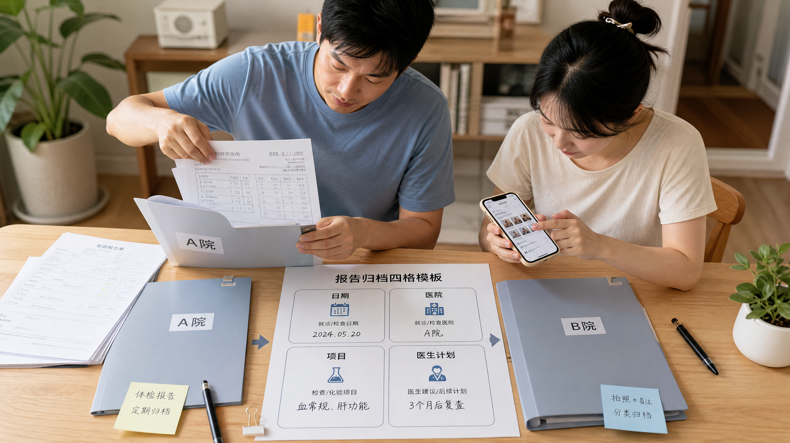 中国年轻夫妻在家中餐桌旁整理体检/化验报告，丈夫拿着文件夹与打印报告进行归档，妻子在手机相册里建立文