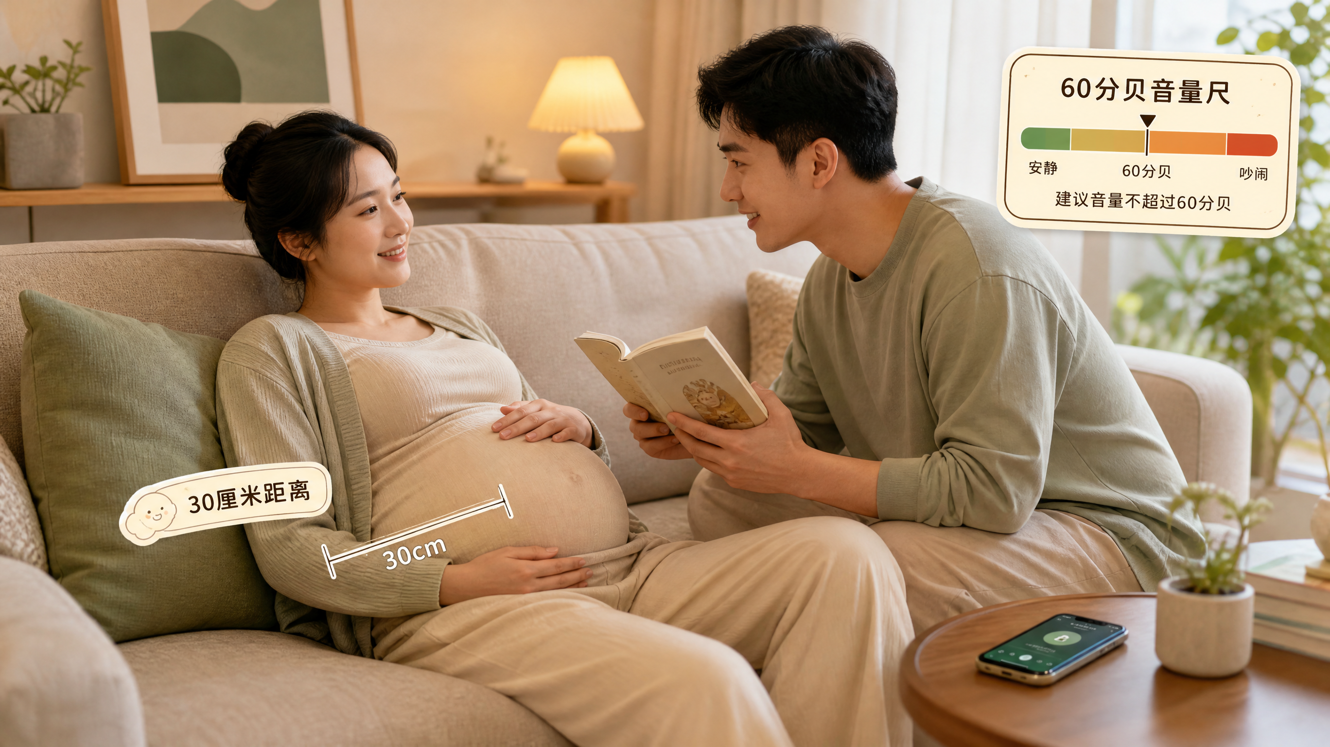 中国年轻孕妈妈在家中温暖的客厅沙发上半躺休息,穿舒适家居服,轻抚孕肚;中国年轻准爸爸坐在一旁微笑,手