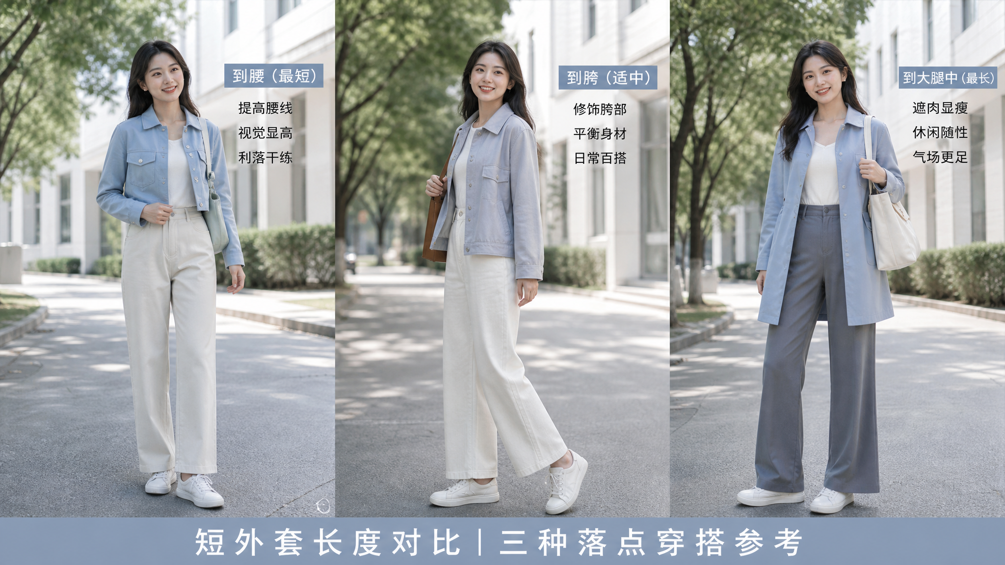 中国女大学生在校园街头场景中做“短外套长度对比”穿搭展示，人物站立微侧身，分别呈现三种外套落点（到腰