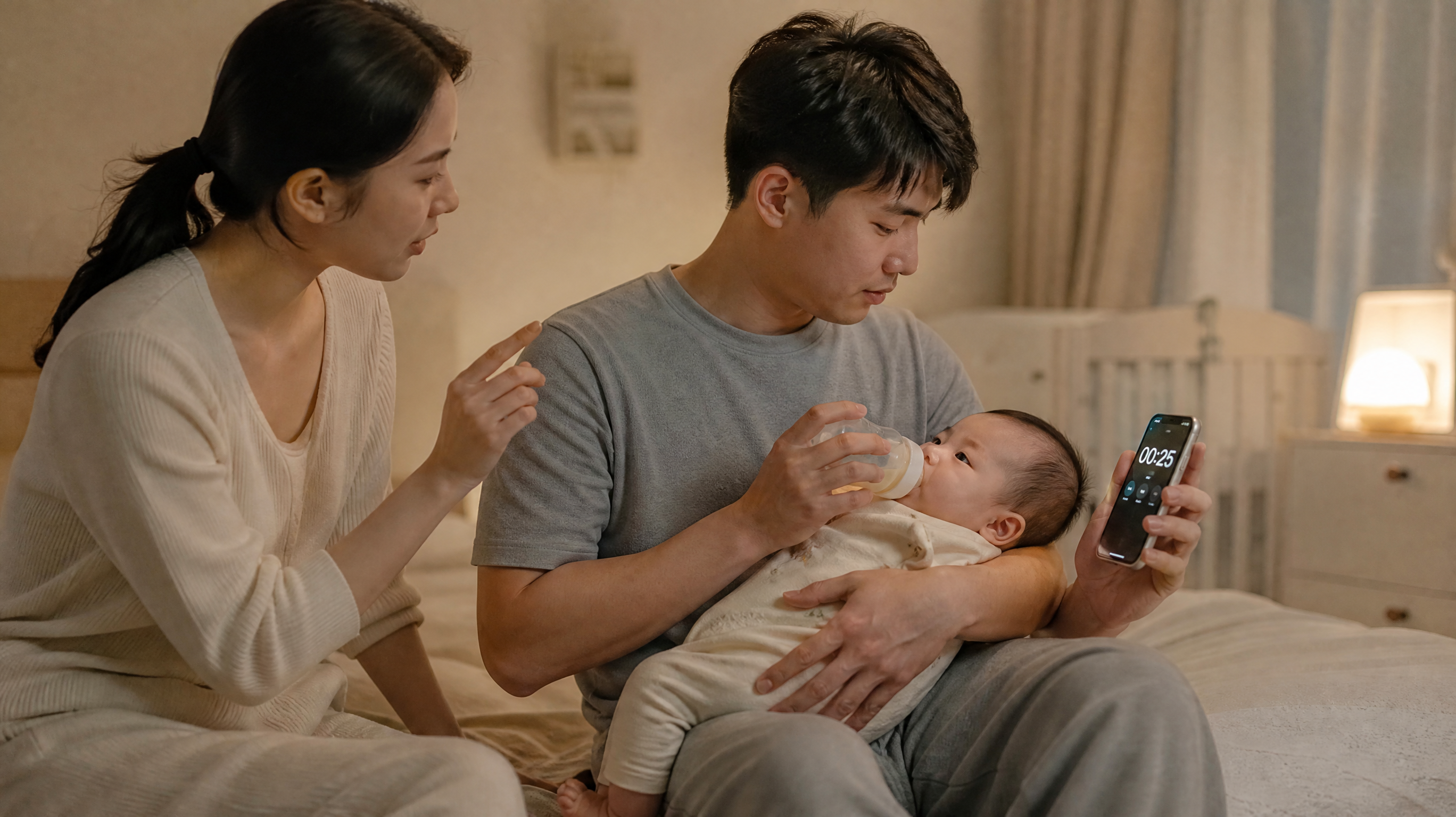 中国年轻爸爸夜晚在温暖柔和的卧室里给中国新生儿瓶喂,妈妈坐在床边观察并轻声提示节奏;爸爸手持奶瓶,另