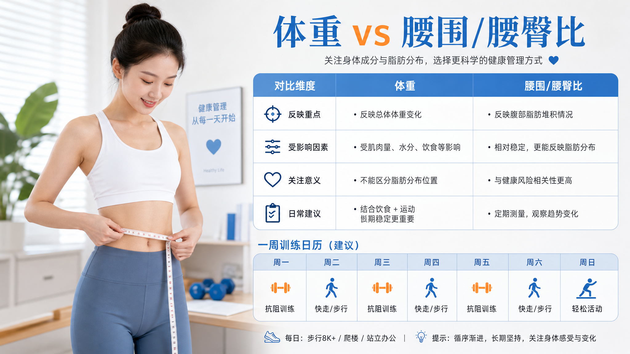 竖版信息图海报场景,干净明亮的室内背景(类似健康管理工作台),一位中国年轻女性穿运动服站立,手持软尺