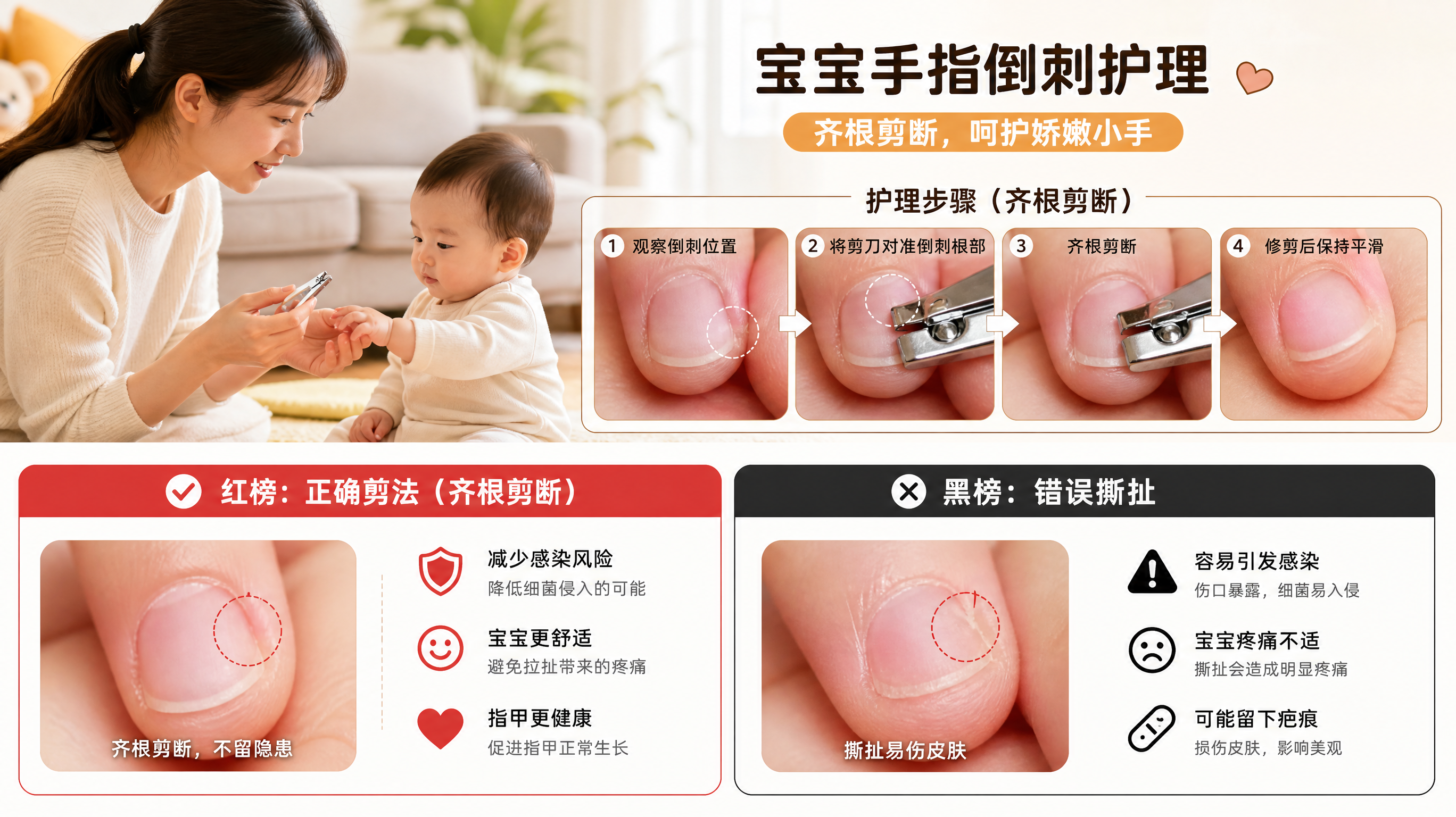 宝宝长倒刺别撕：1分钟剪对不红肿，甲沟炎红线自查