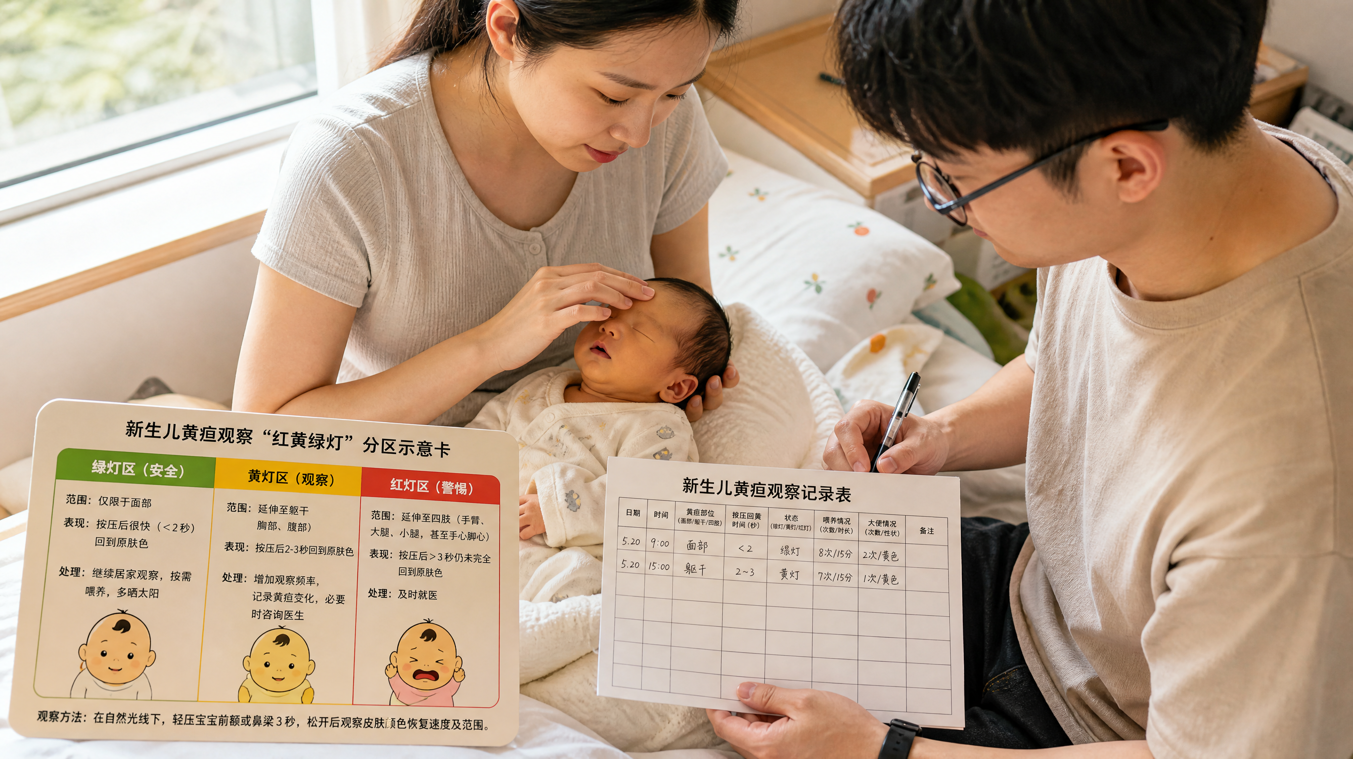 中国年轻父母在家中卧室的窗边进行新生儿黄疸居家观察,上午自然散射光照入,爸爸拿着记录卡和笔,妈妈轻轻