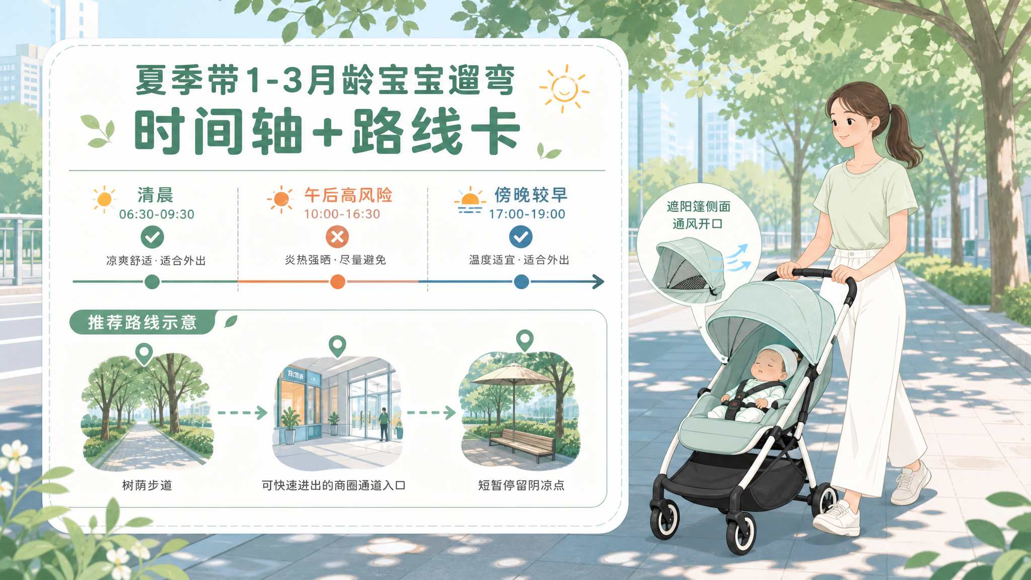 生动漫画风信息图，一张“夏季带1-3月龄宝宝遛弯时间轴+路线卡”，画面主体为时间轴（清晨、午后高风险