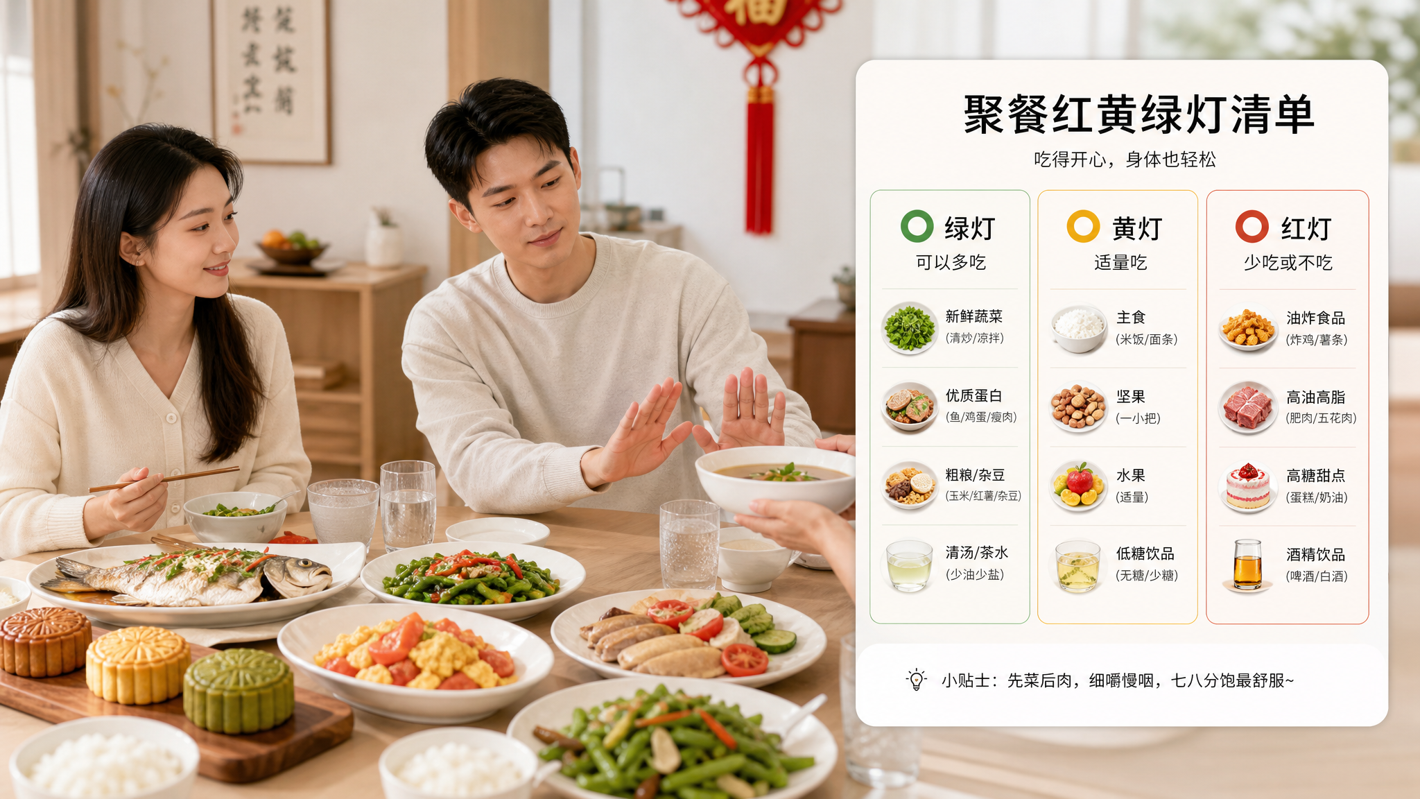 中国家庭团圆家宴的餐桌俯拍场景，桌面干净整洁，出现月饼、小碗清汤、鱼肉蛋、蔬菜、米饭与水杯，画面右侧