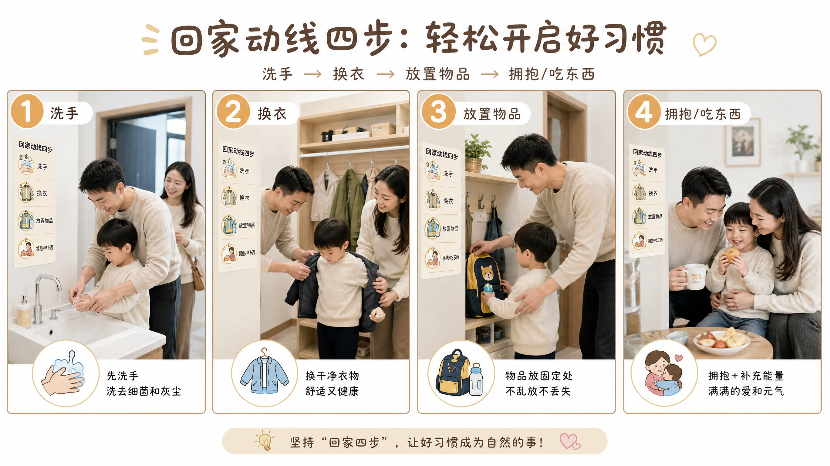 中国家庭玄关场景，年轻中国爸爸妈妈带中国3-6岁幼儿刚回家，画面表现“回家动线四步”概念：洗手、换衣