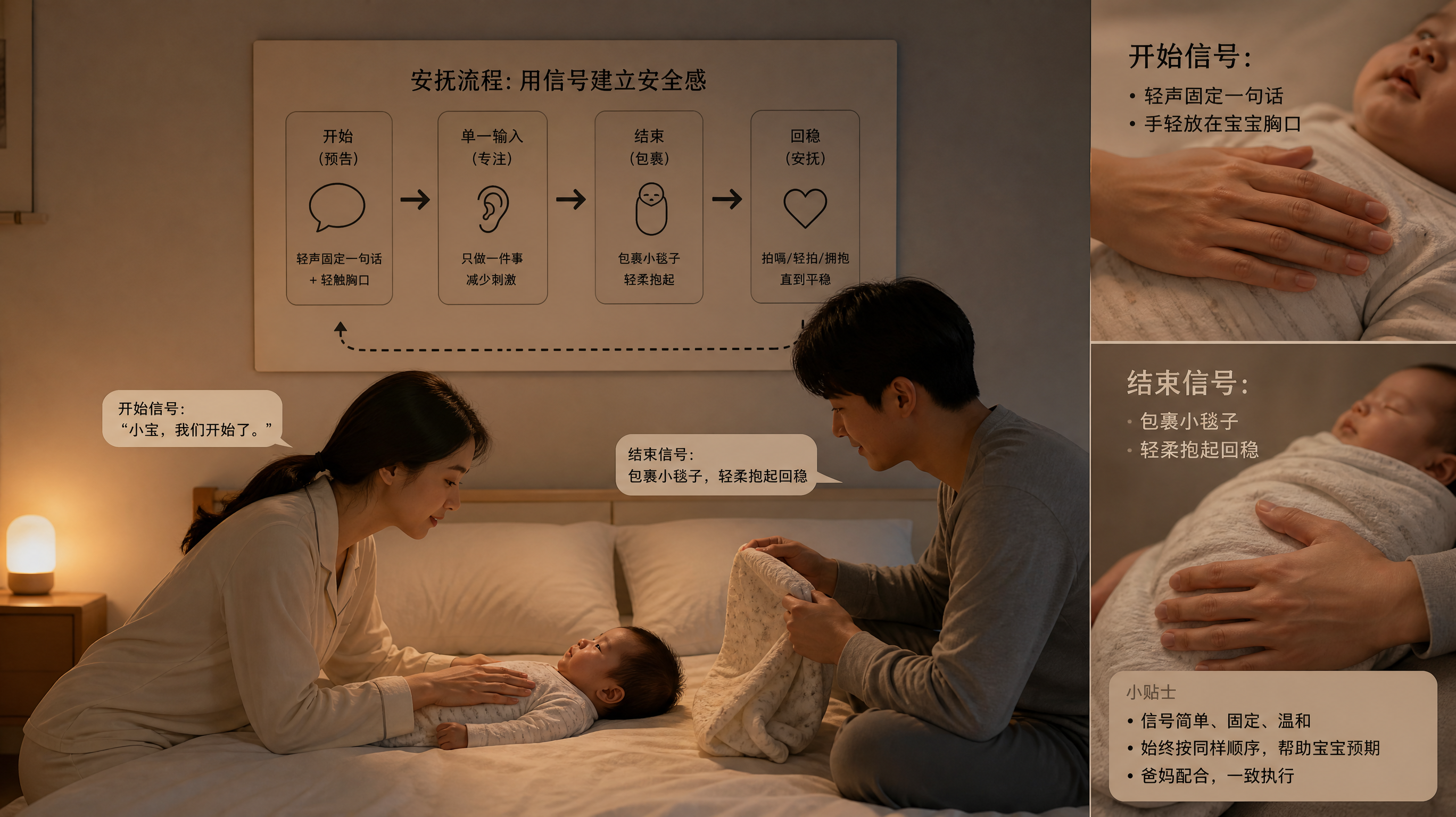 中国年轻夫妻与新生儿在夜间卧室的温馨场景,妈妈在床边对宝宝做“开始信号”(轻声固定一句话并将手轻放在