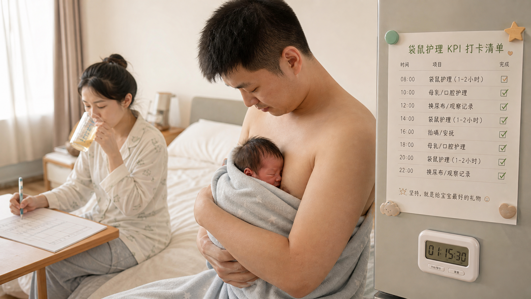中国年轻爸爸在卧室里进行袋鼠护理,爸爸上身赤裸、用柔软包被环抱一名中国早产新生儿(镜头避免过度暴露,