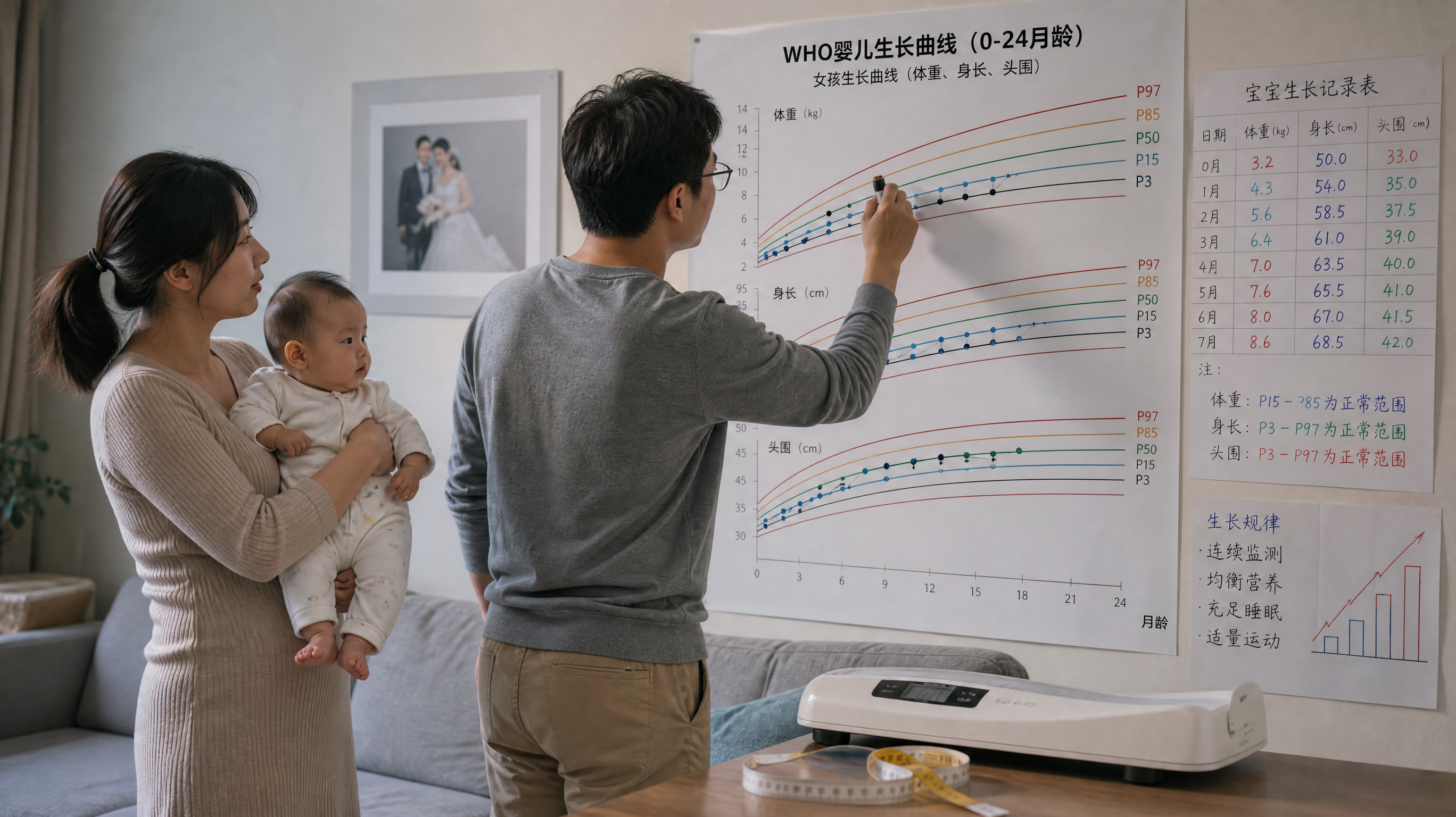 中国家庭客厅场景，墙面贴着一张清晰的WHO婴儿生长曲线海报（标注P3-P97区间），旁边有手写记录表