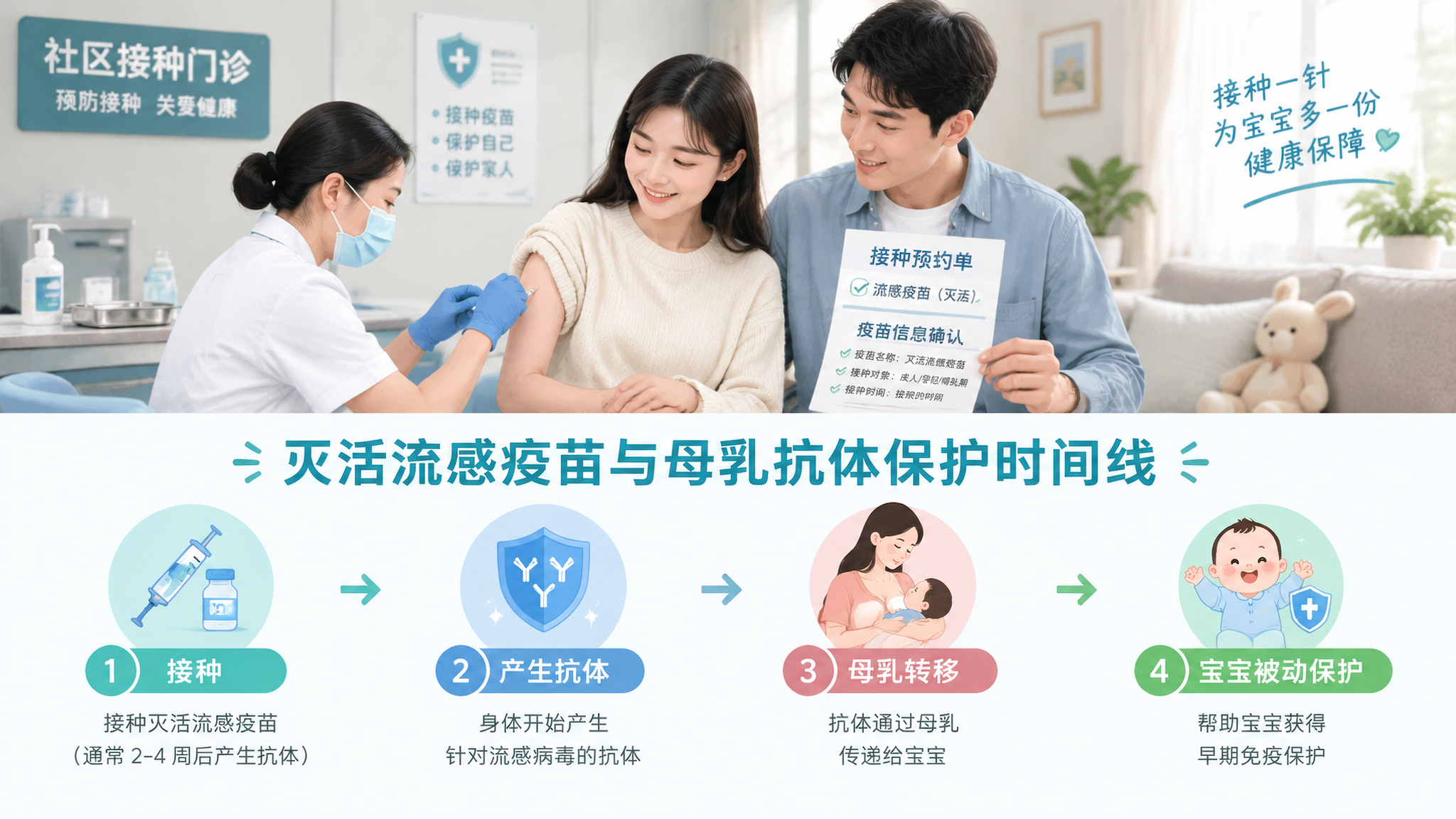 竖版信息图风格插画，场景为社区接种门诊与家庭客厅的结合画面，一位中国年轻妈妈穿浅色针织衫坐在接种区接