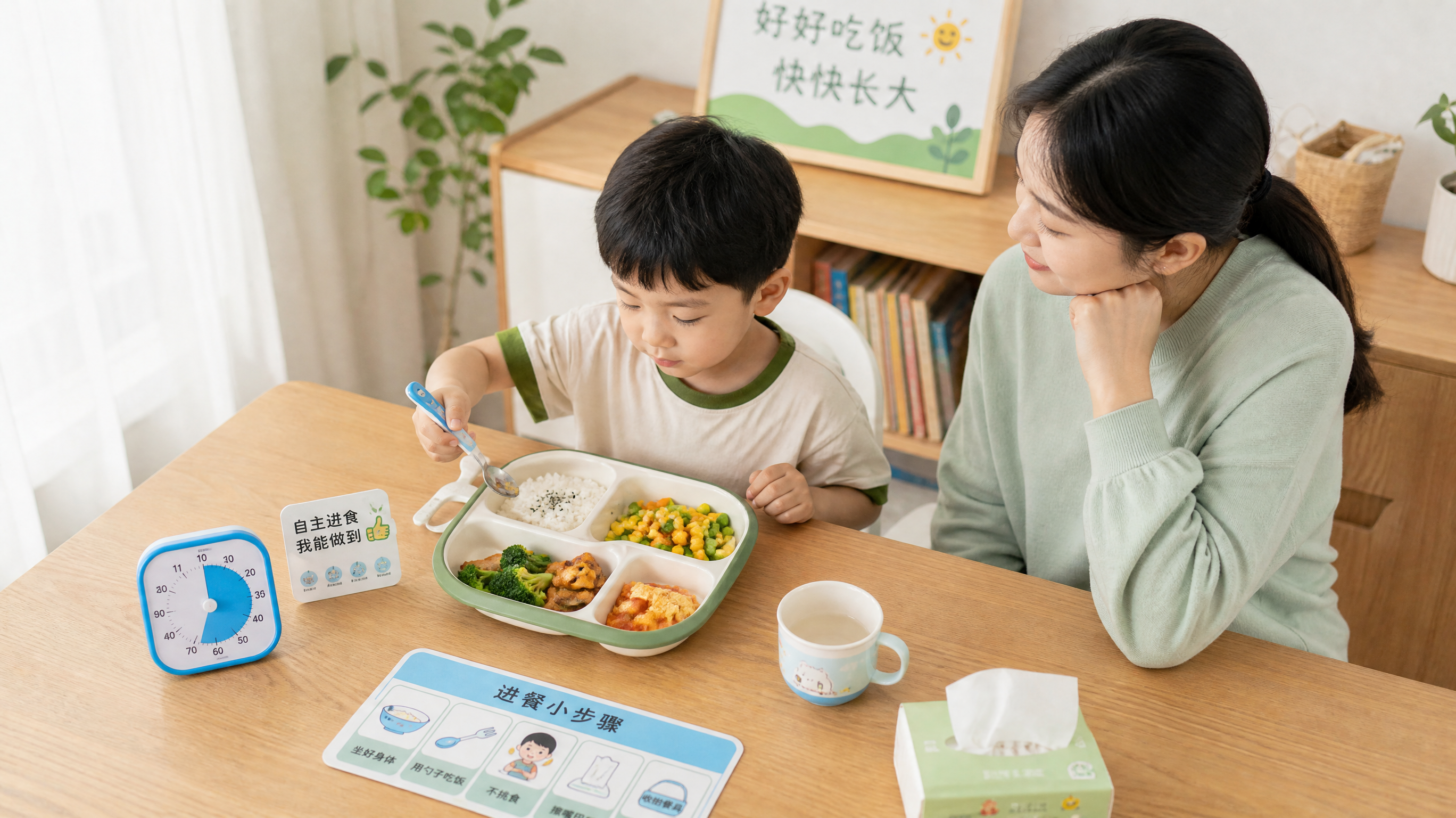 中国年轻妈妈在家中明亮餐厅，陪一个3-6岁中国幼儿进行“幼儿园同款分格餐盘+20分钟计时”自主进食练